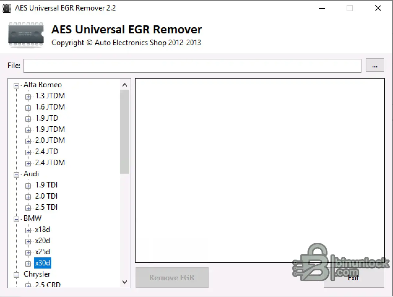 AES Universal EGR Remover Diesel ECU interface screenshot