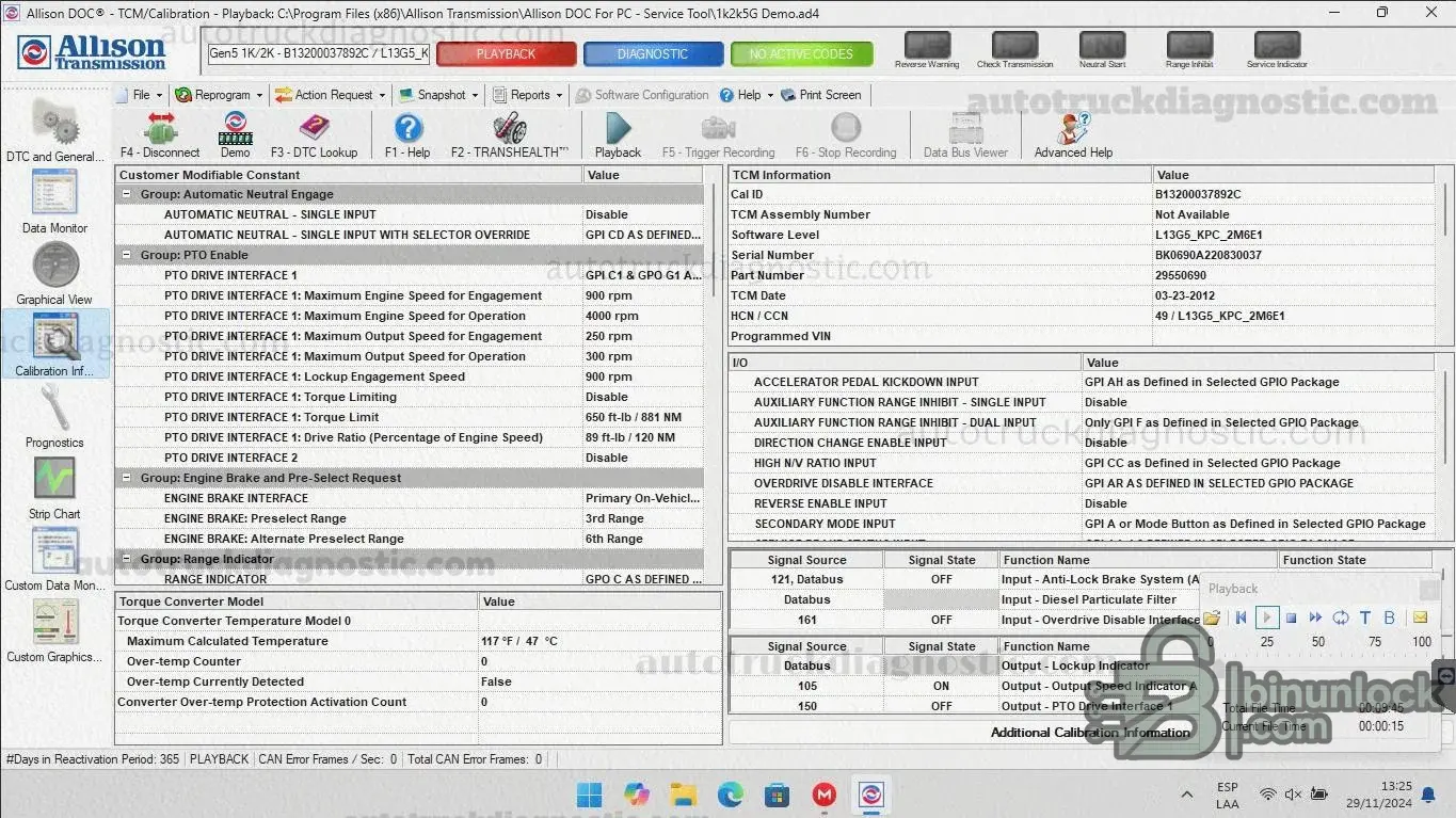 Allison DOC v2024.1 DTC and general screen with transmission data