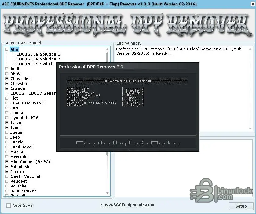 DPF Remover ECU Calibration Utility 0.0 menu screen