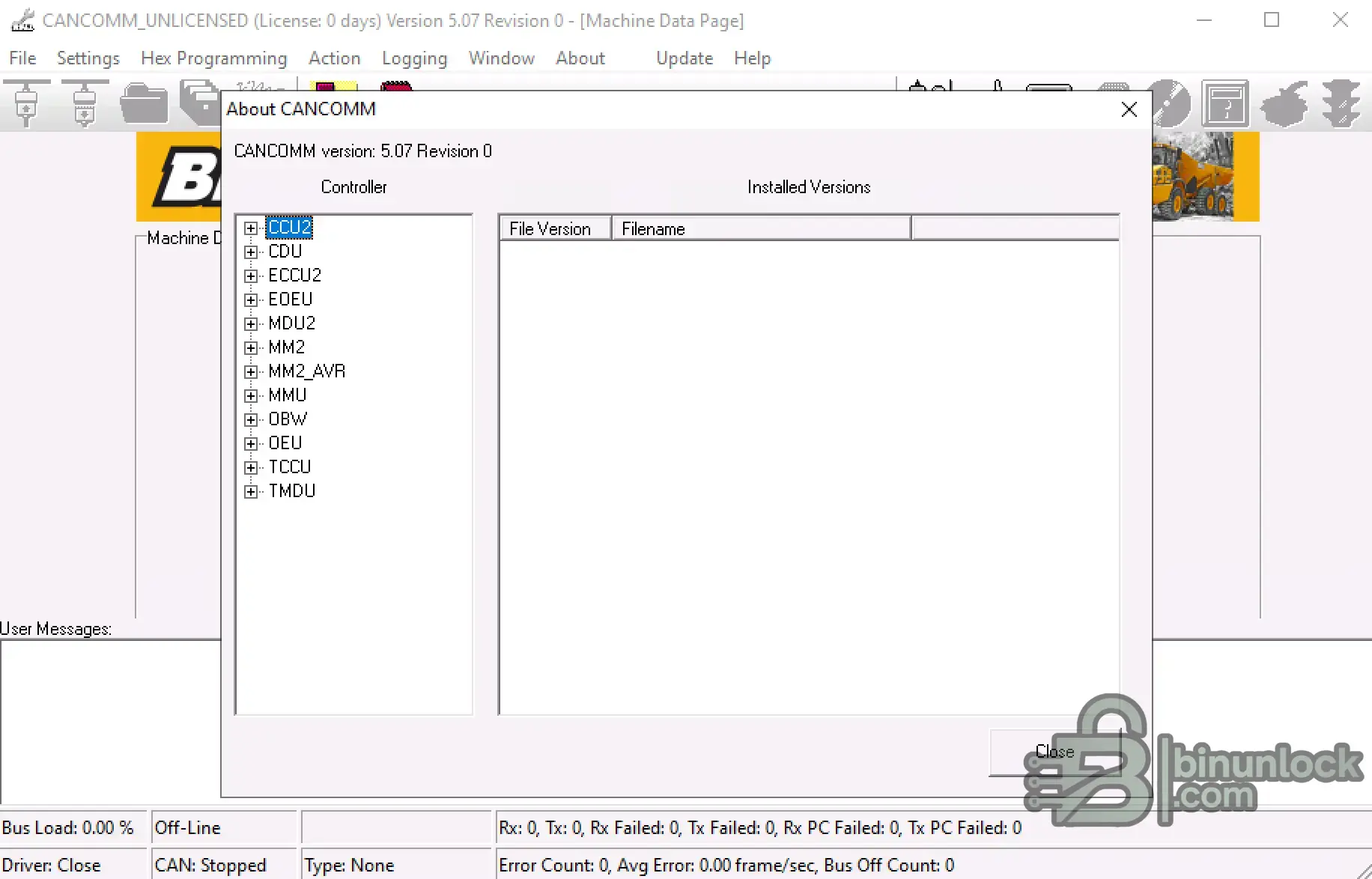 Bell CANCOMM Diagnostics Controller Configuration menu screen