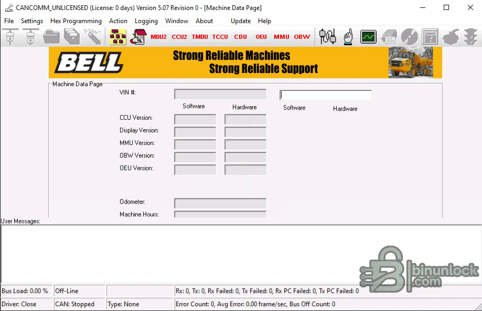 Bell CANCOMM Diagnostics Controller Configuration VIN screen