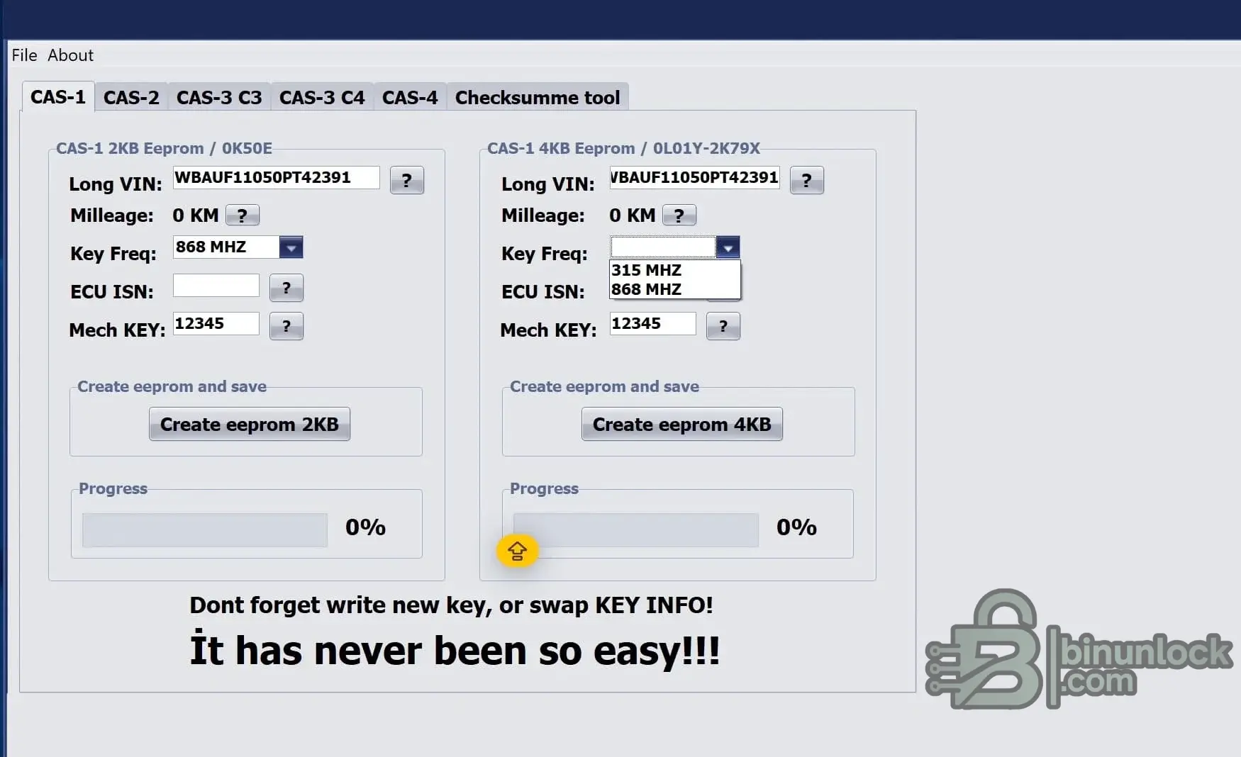 BMW CAS Eeprom Creator interface screenshot
