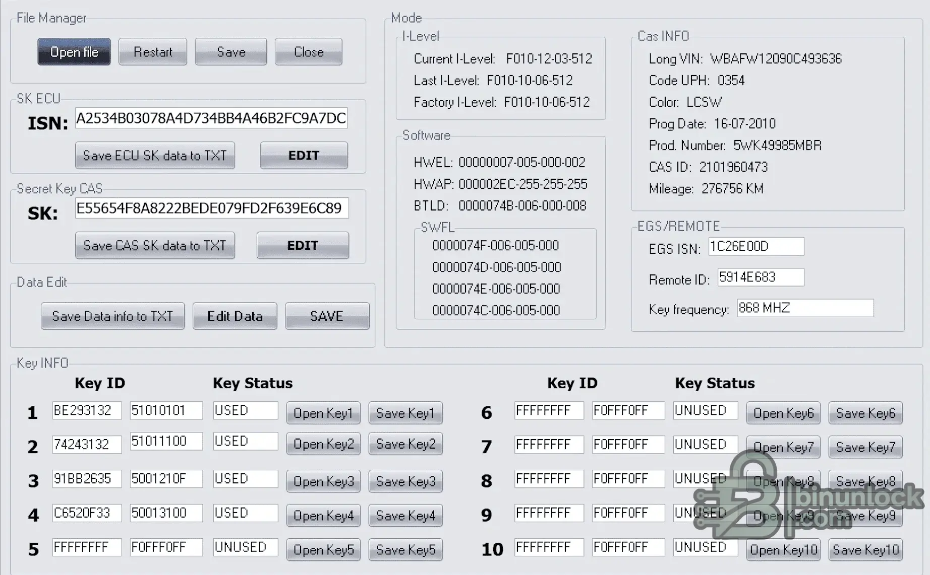 CAS4 Editor 1L15Y VIN screen