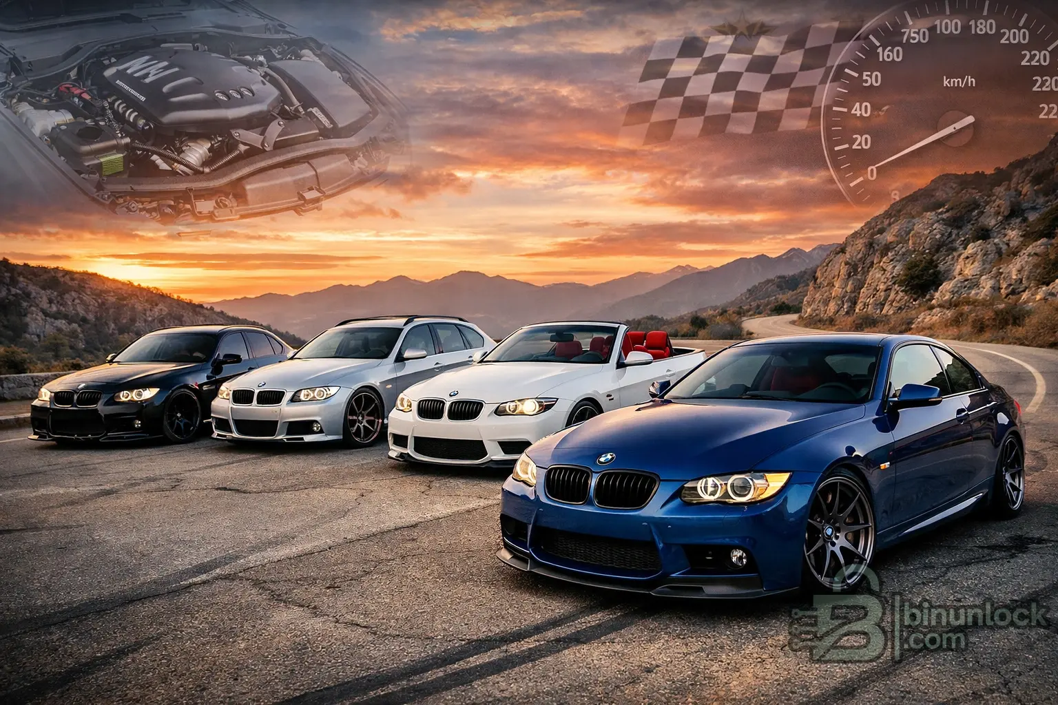 Dark graphite BMW E90 LCI sedan with LED angel eyes rolling through an urban tunnel wide landscape frame three quarter front angle cover image for a chip tuning article