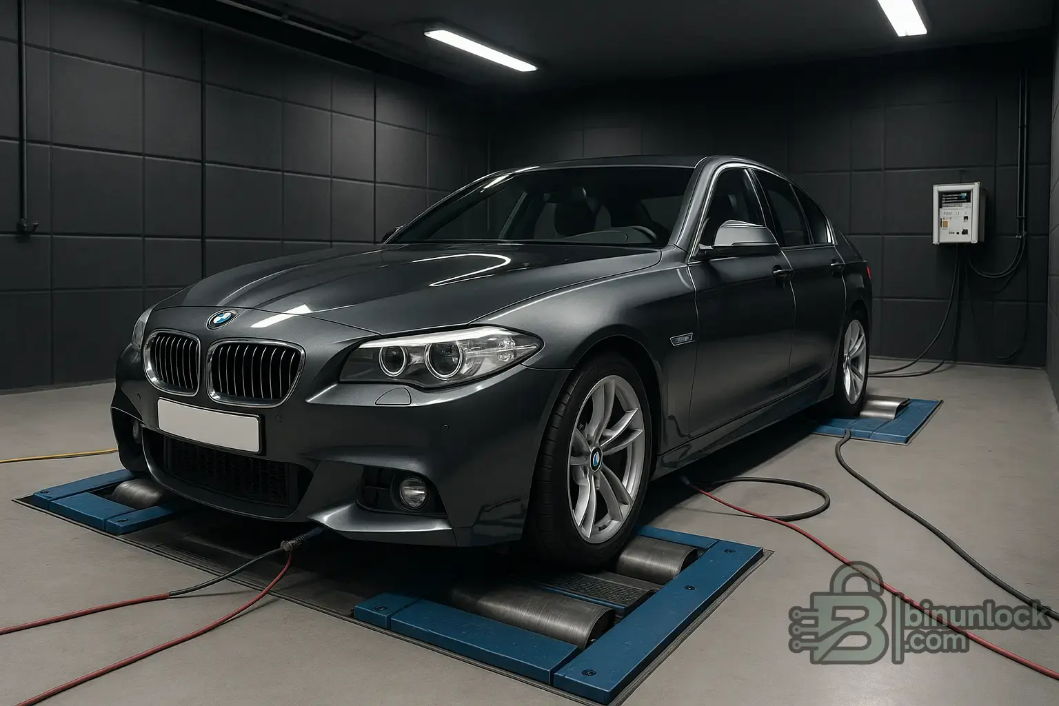 Front three-quarter view of a grey BMW F10 5 Series sedan on a chassis dynamometer in a professional dyno room, lit with technical workshop lighting