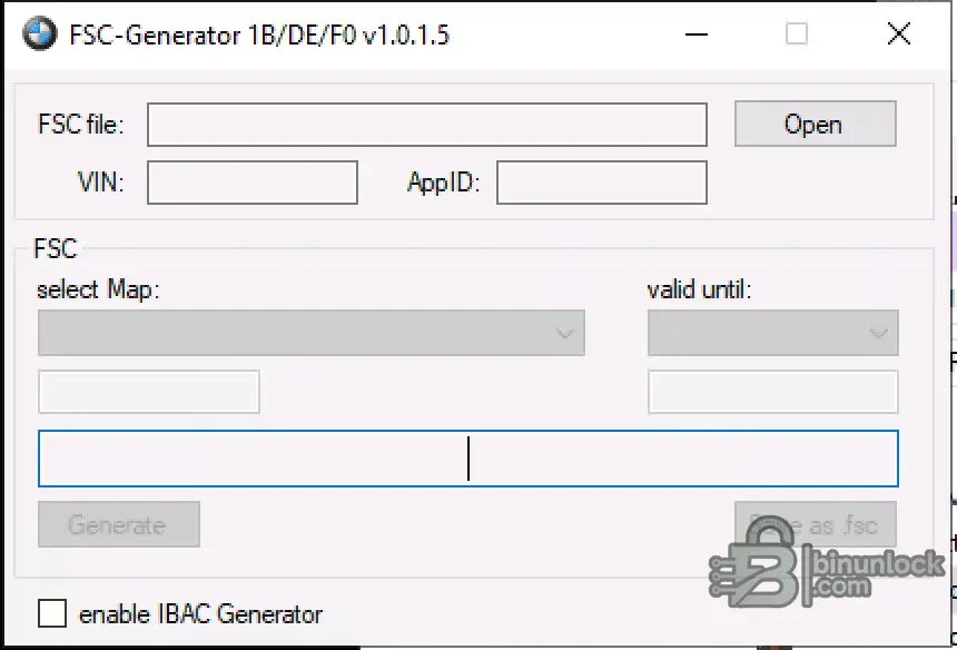 BMW FSC Code Generator Reader CIC 0.1.5 interface screenshot