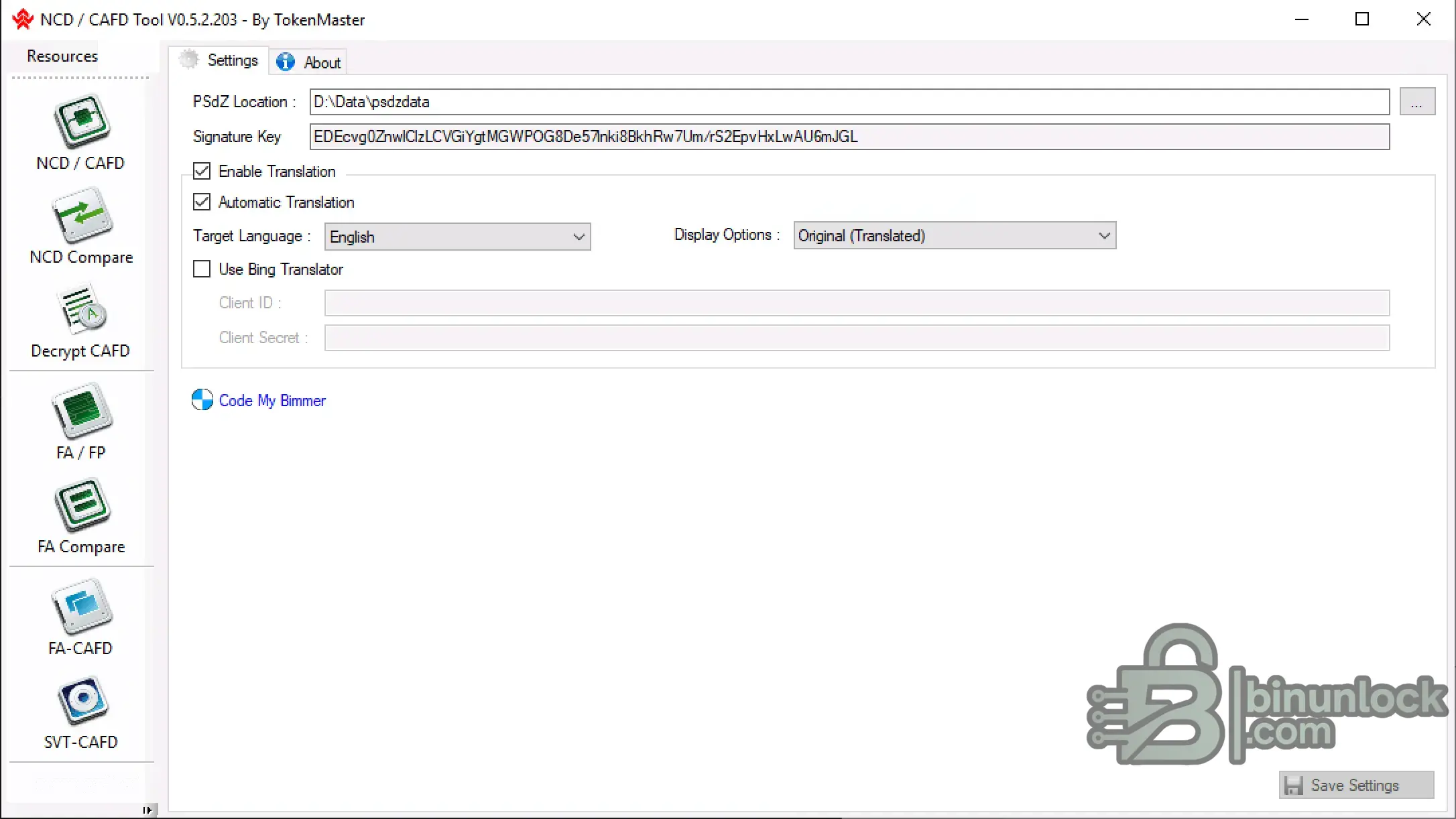 BMW NCD CAFD Coding Compare Utility 5.2.203 settings screen