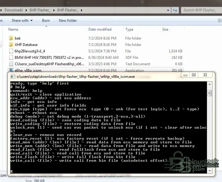 Windows screenshot of the 6hp_v06a_icom command-line flasher showing help commands to unlock the ECU and read/write coding, flash, and calibration for a BMW/ZF 6HP transmission—useful as a DIY alternative to 6HP Transmission Quickflash.