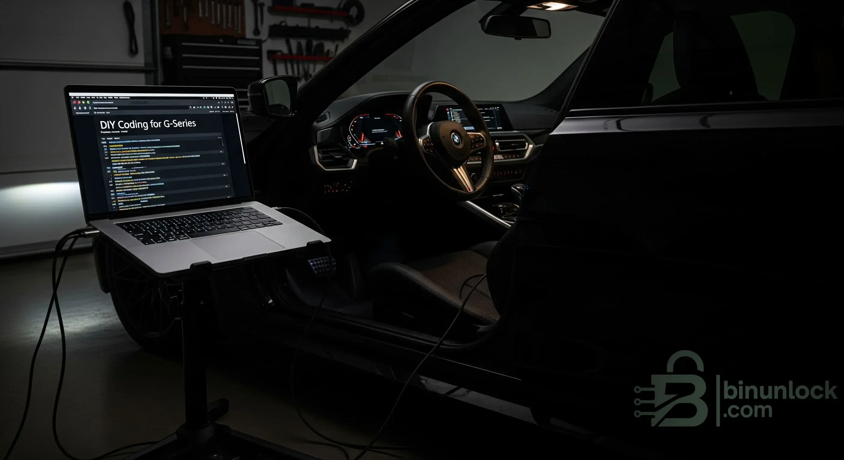 A modern black BMW is parked in a dark, clean garage, illuminated primarily by the bright screen of a laptop connected to its OBD port. The laptop screen displays a third-party automotive forum, specifically a thread about DIY coding, showing lines of code and diagnostic parameters. The scene creates a focused, high-tech atmosphere of a car enthusiast working on their vehicle at night.