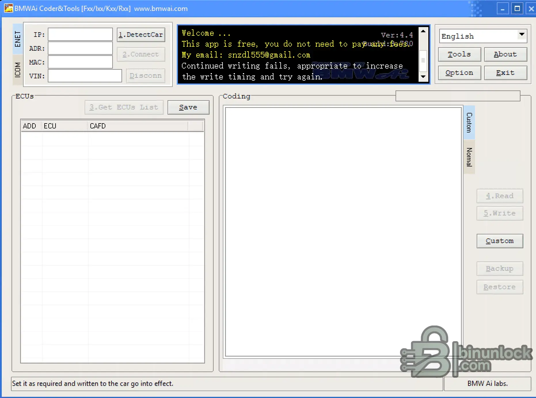 BMWAi Coder 4.4 coding screen