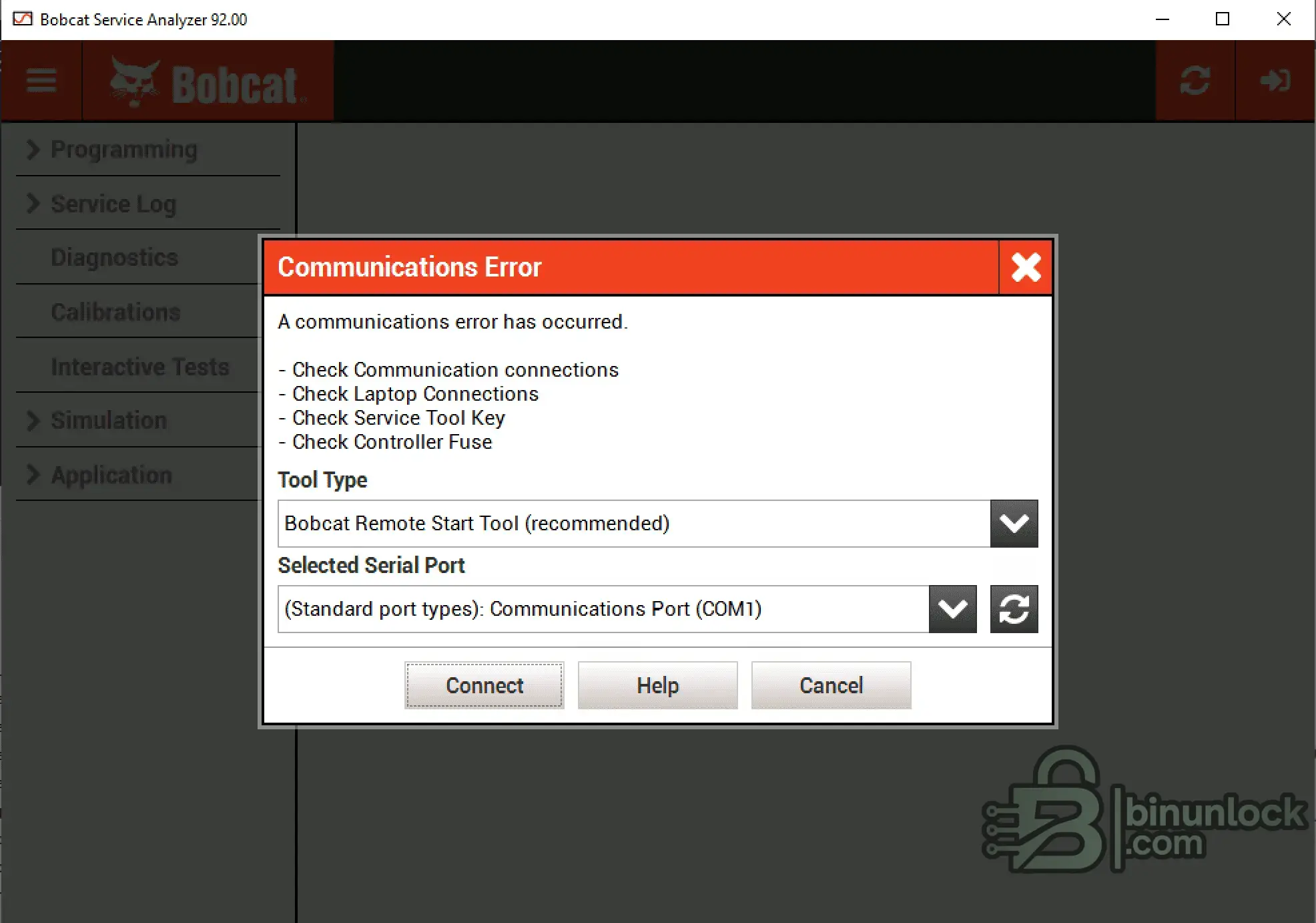 Bobcat Service Analyzer 92.0 setup screen