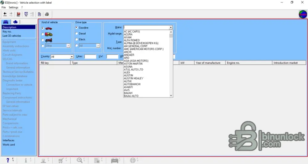 ESItronic v2019 vehicle selection screen with make and engine filters