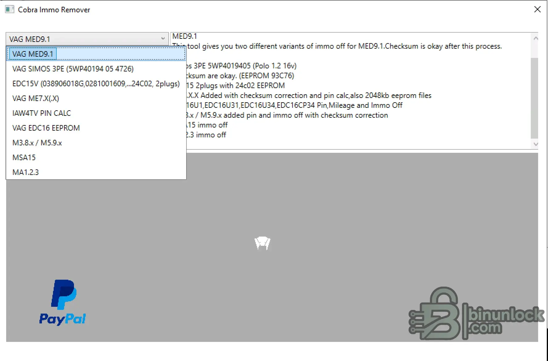 Cobra IMMO Remover menu screen