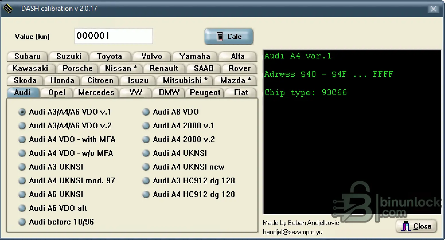 DASH Calibration v2.0.17 showing Audi A4 VDO, chip 93C66, addresses $40–$4F
