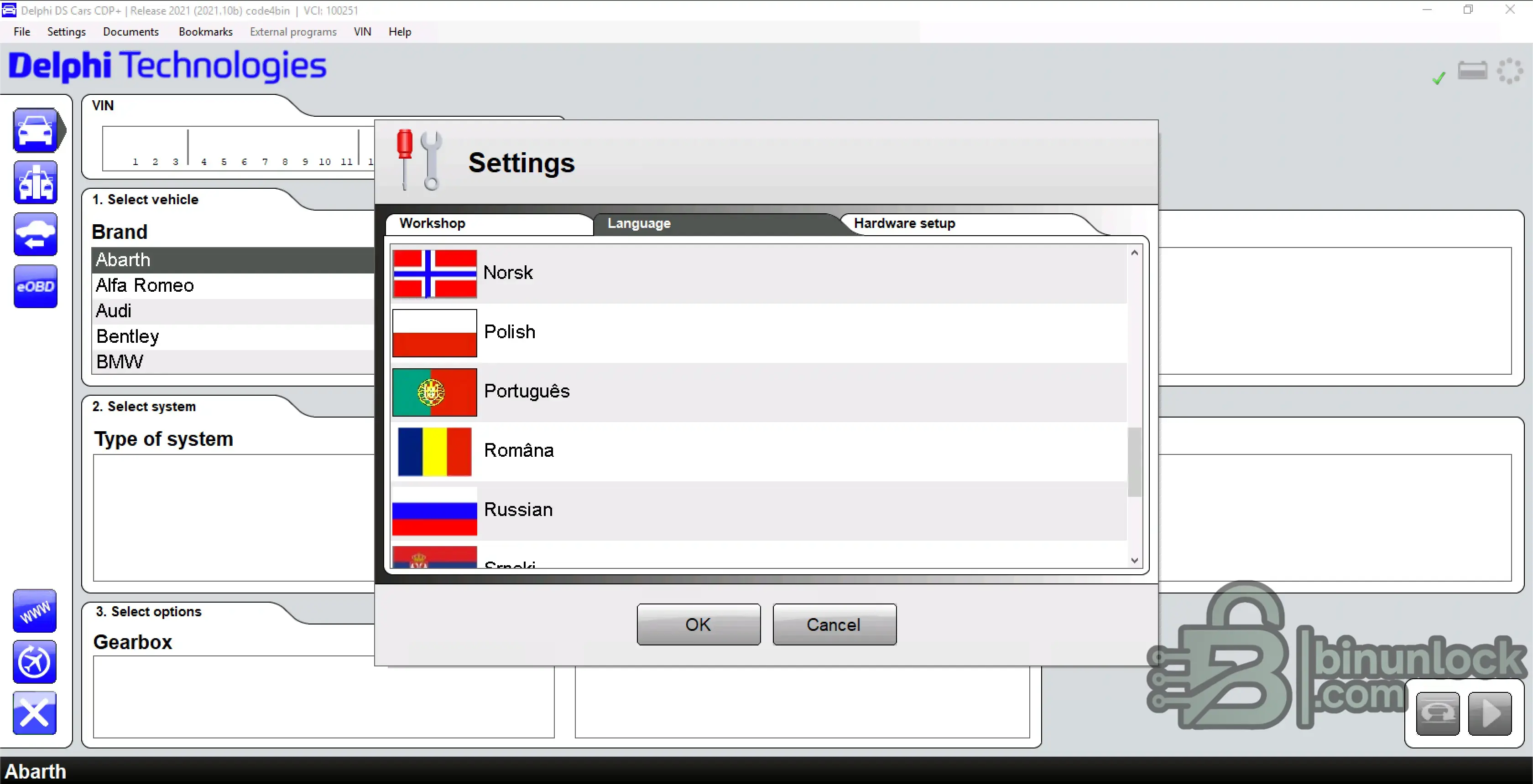 Delphi DS Cars Trucks 2021.10b Key settings screen