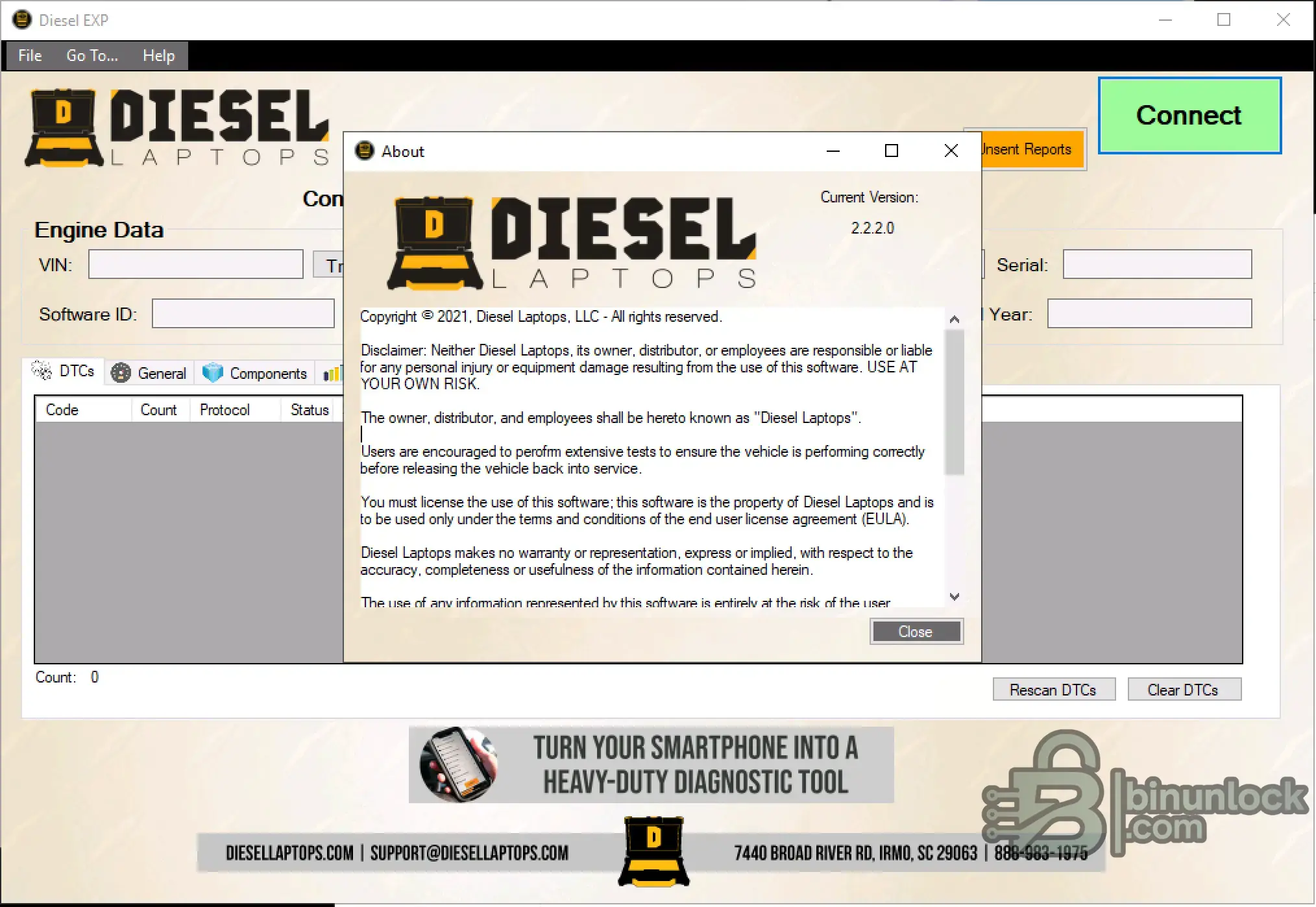 About dialog displaying Diesel Explorer 2.2.x series on Windows.