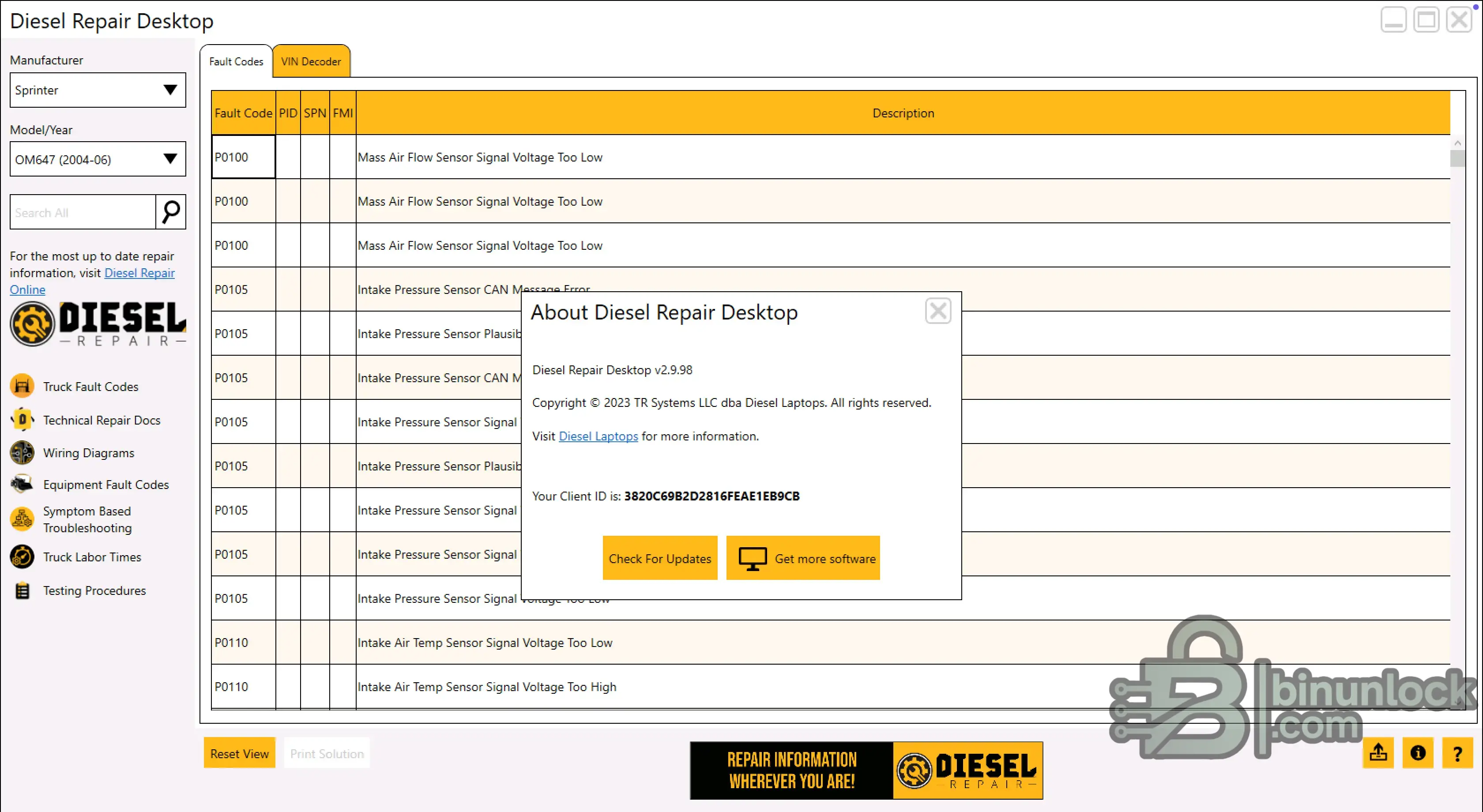 About dialog displaying Diesel Repair Desktop version and client ID.