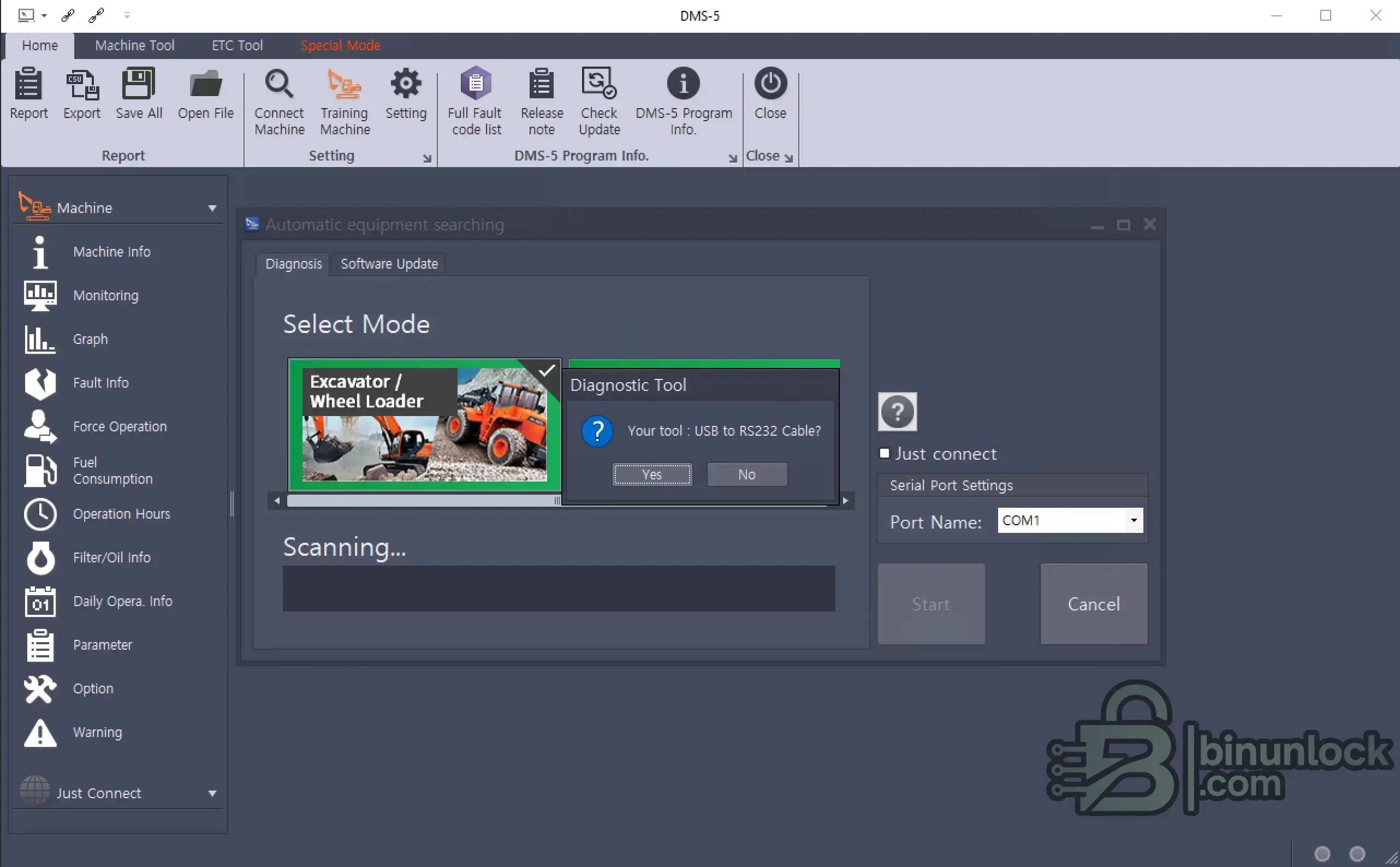 Doosan DMS-5 Diagnostics Excavators Wheel 3.0.5 settings screen