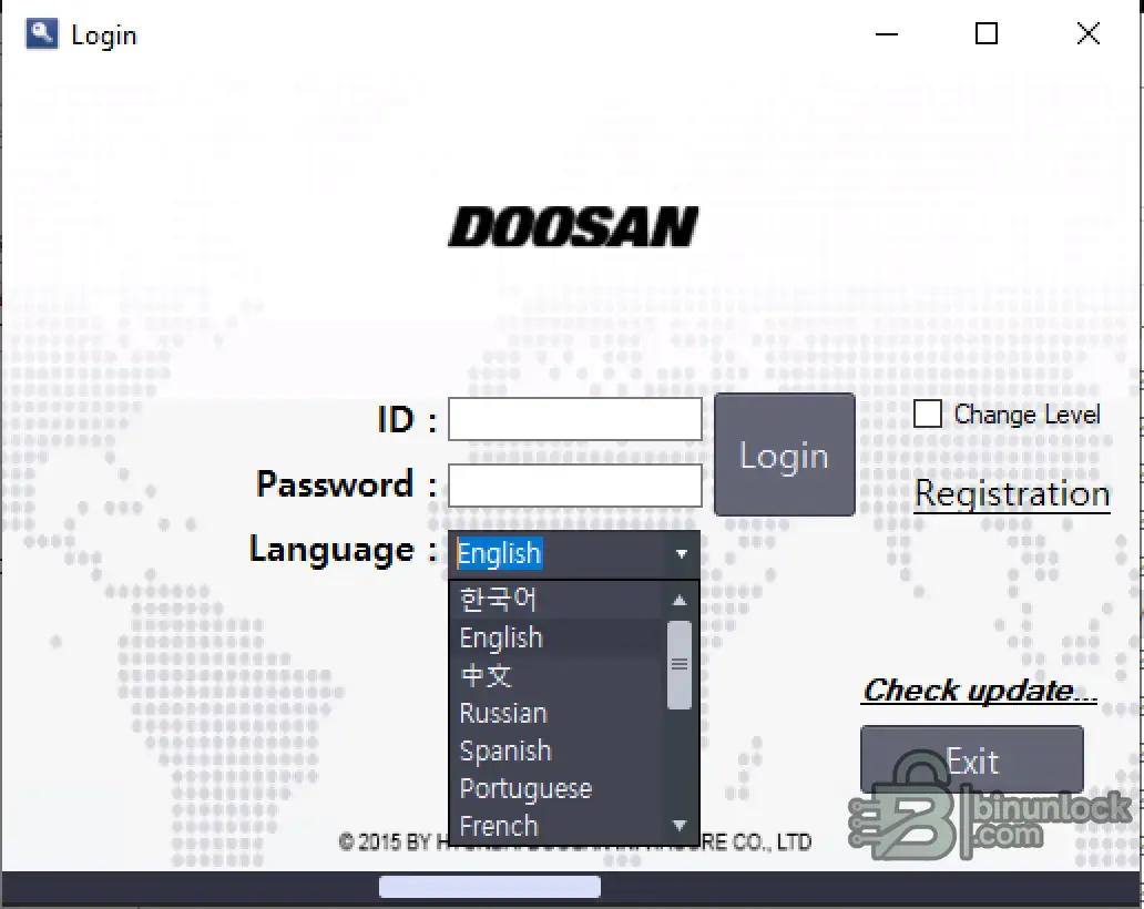 Doosan DMS-5 Diagnostics Excavators Wheel 3.0.5 login screen