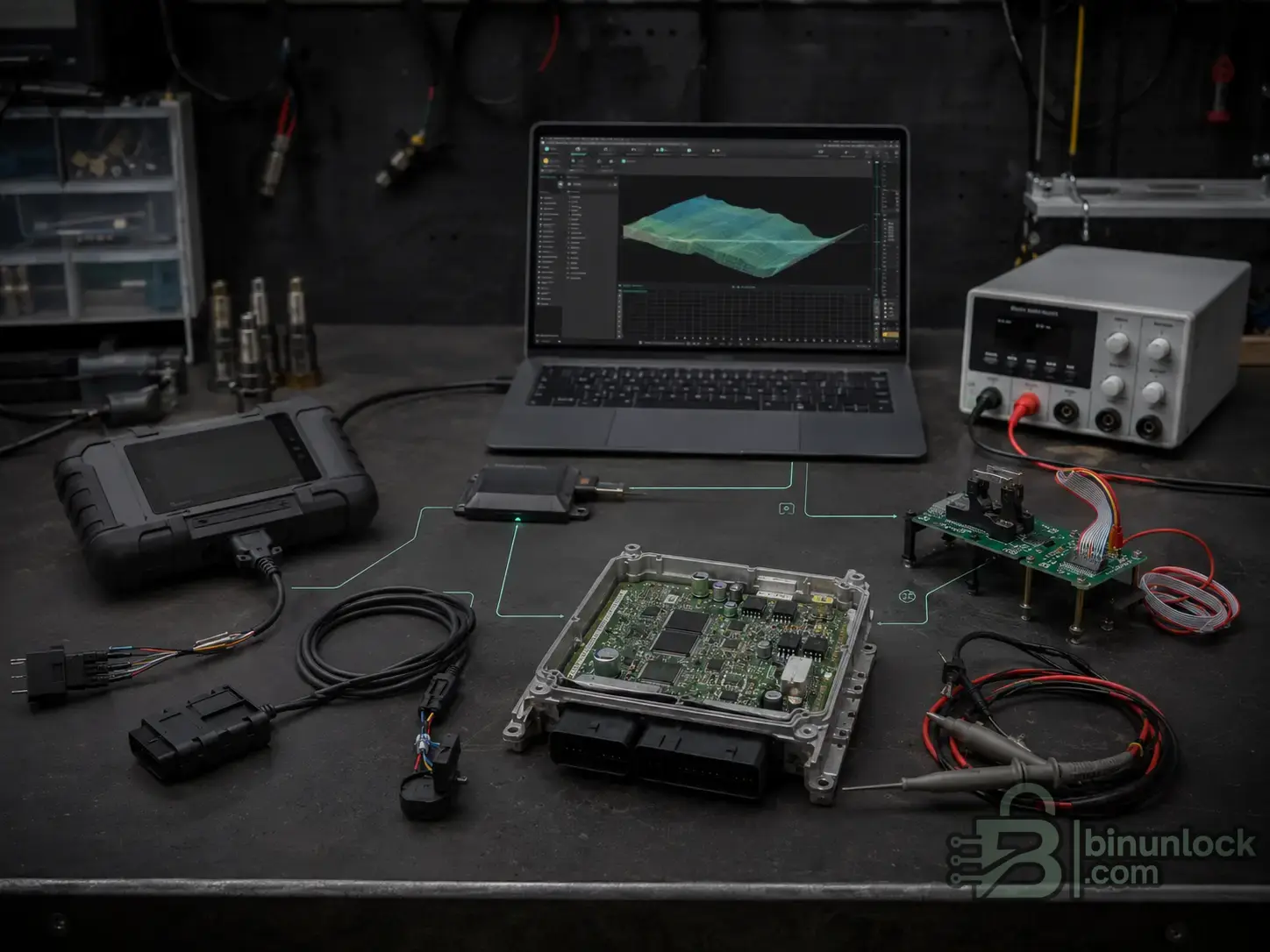 ECU and TCU flashing tools workflow with laptop, interface, ECU, cables and stable power supply.
