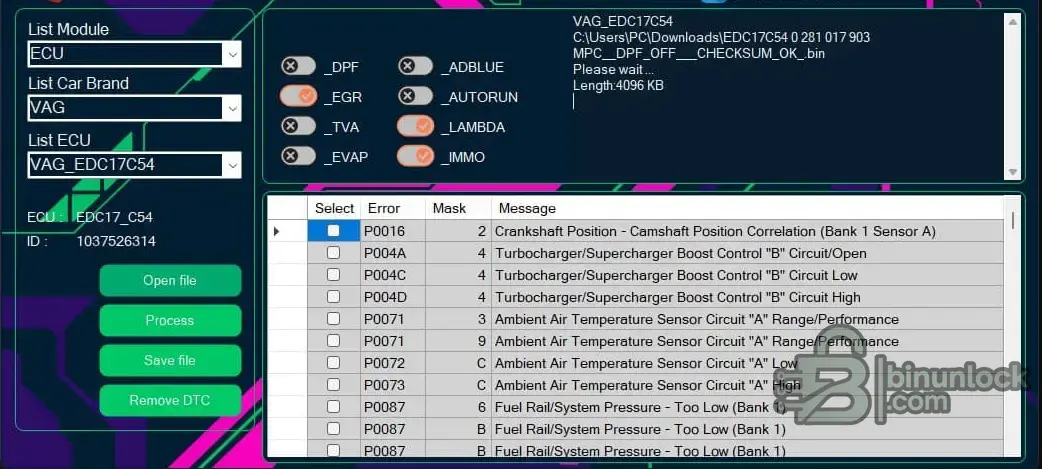 ECU Tuning Solutions Processing DTC Handling screenshot