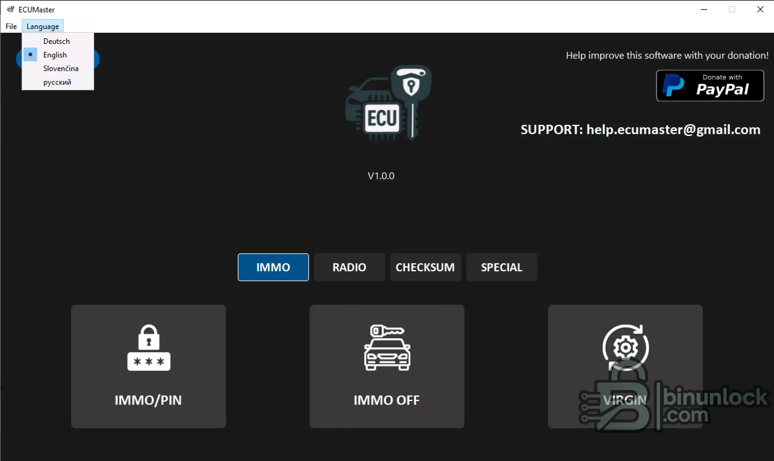 ECUMaster IMMO ECU Service Toolkit 0.0 menu screen