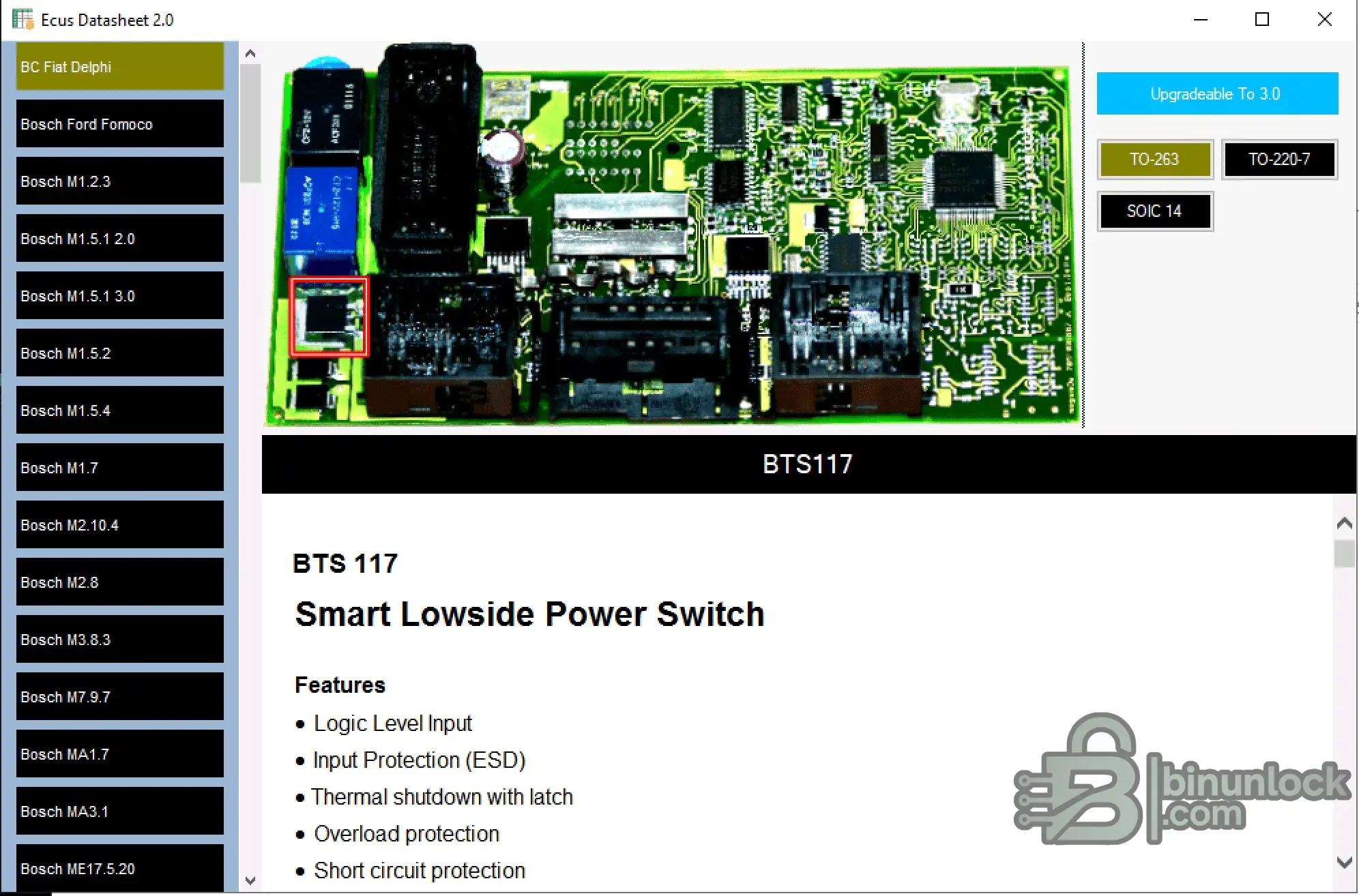 ECUs Datasheet v2.0 board photo with BTS117 location and features