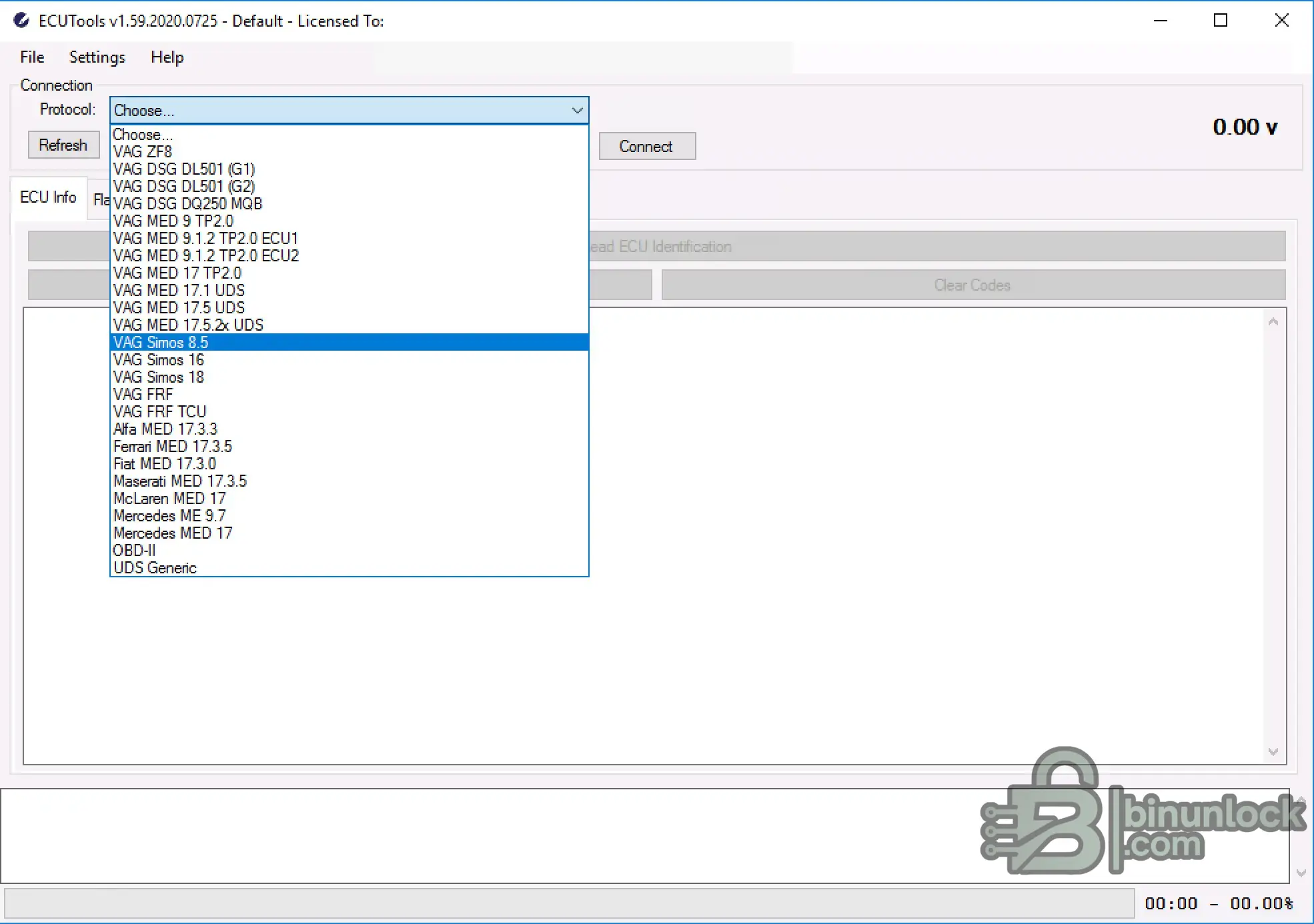 ECUTools v1.59 protocol chooser with VAG MED17, Simos, DSG, ZF8 and UDS options