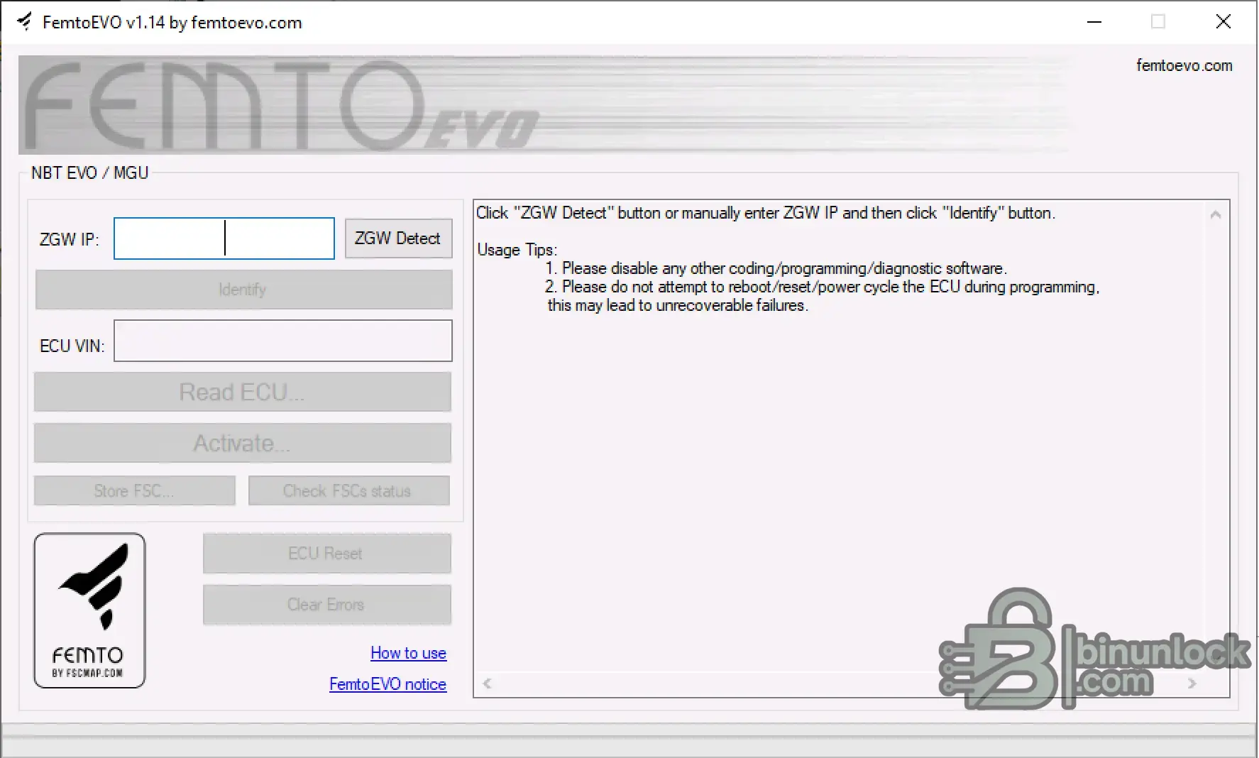 FemtoEVO NBT EVO MGU Feature Management interface screenshot