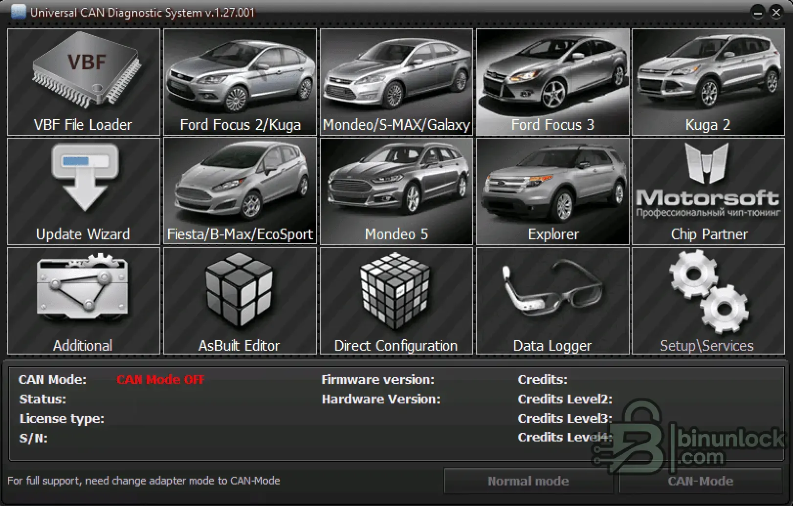 UCDS v1.27.001 main dashboard with model tiles and CAN status