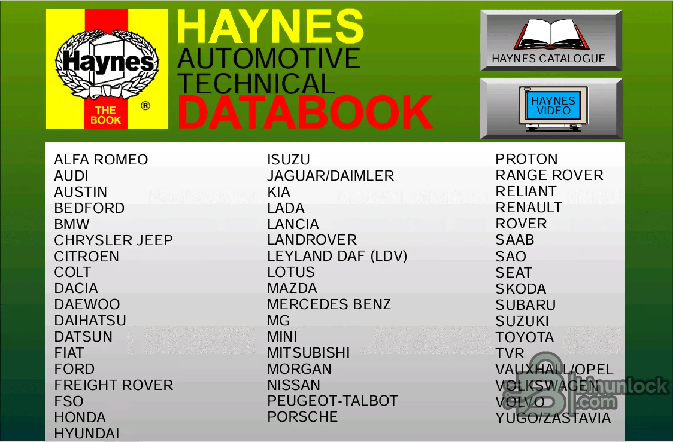 Haynes Automotive Technical Databook Multi-Make menu screen