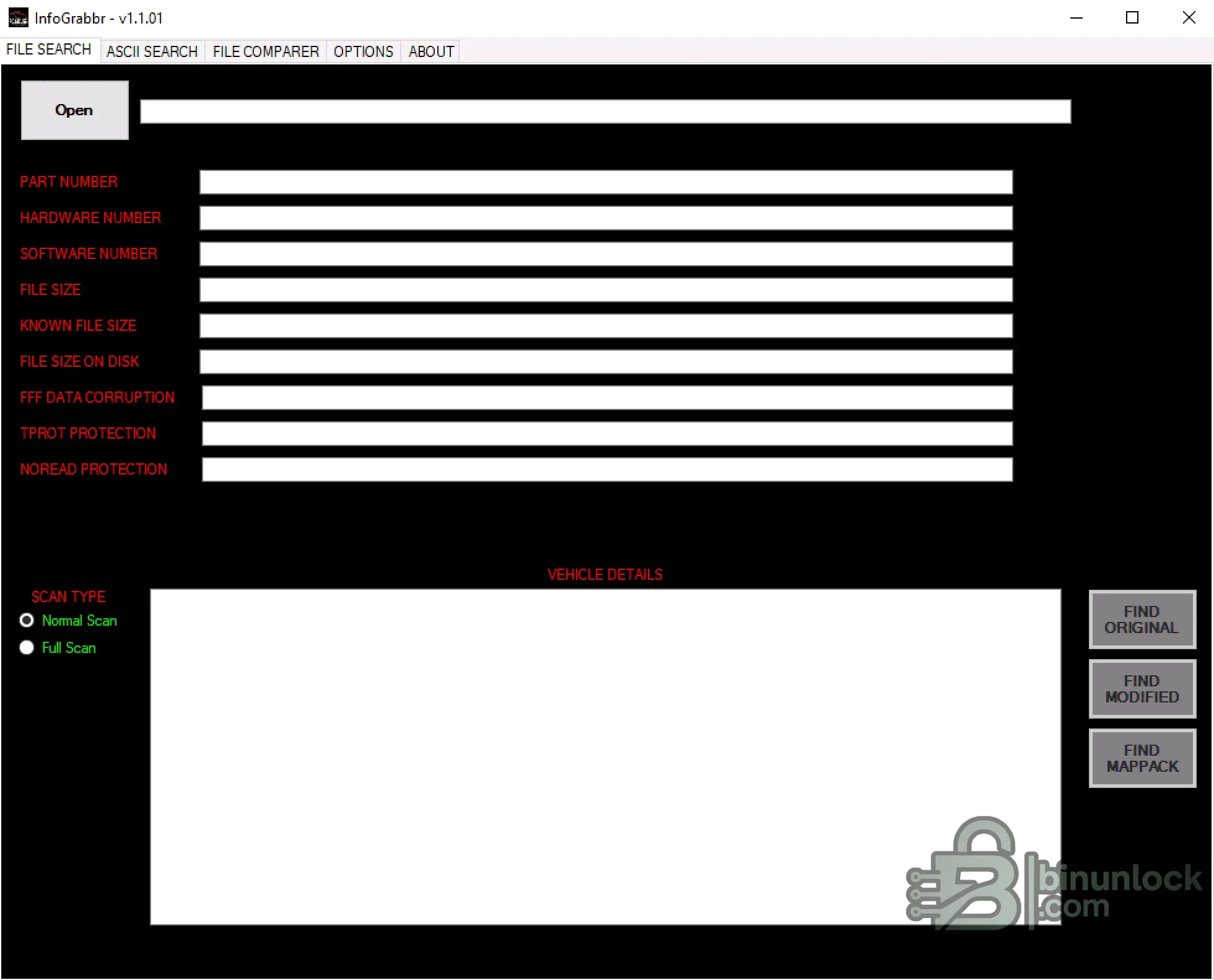 InfoGrabbr v1.1.01 file search showing identifiers and protection hints