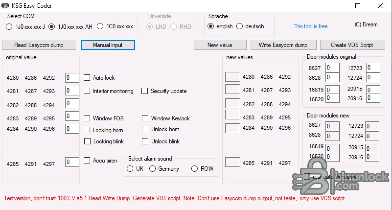 KSG Easy Coder VAG Comfort Module coding screen