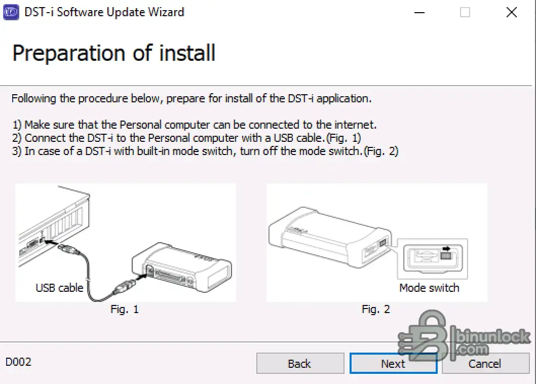 DST-i Software Update Wizard showing USB connection and mode switch steps.