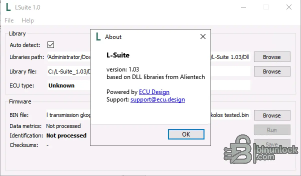 L-Suite v1.03 About window showing ECU library pack and application details