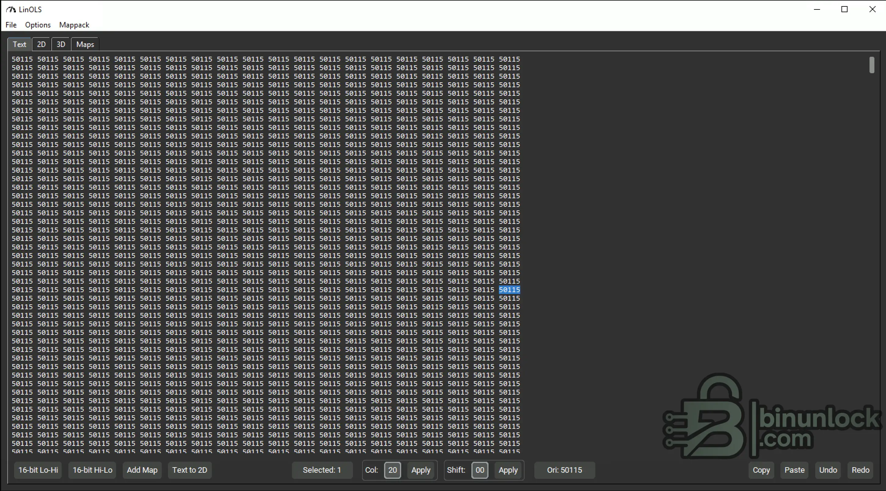 LinOLS chiptuning editor in Text/Hex view showing editable calibration cells