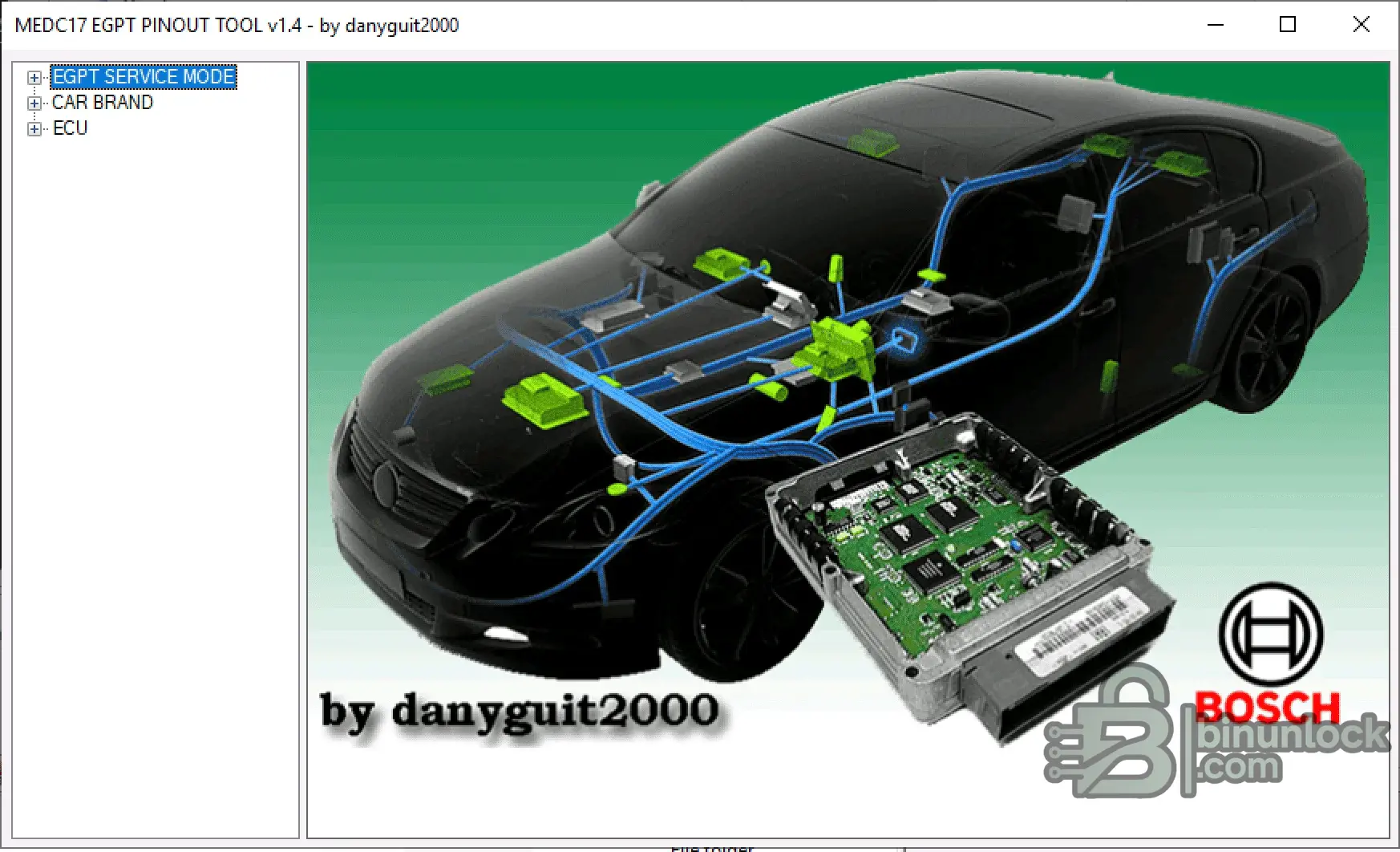 MEDC17 EGPT Pinout Tool v1.4 main screen with service mode and brand tree