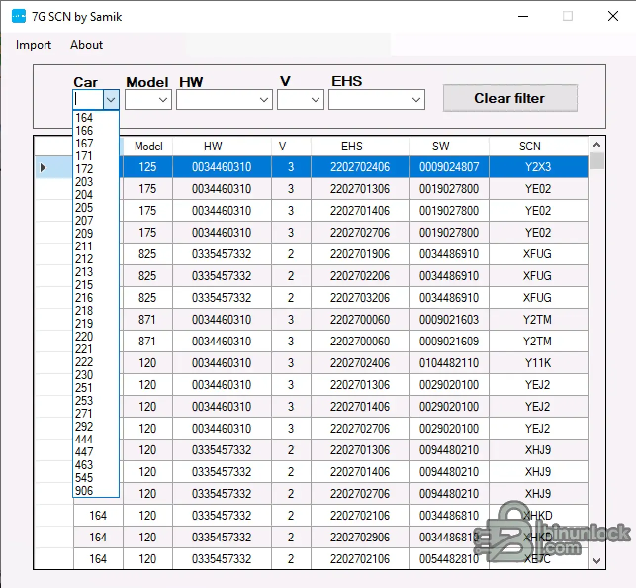 Mercedes 7G SCN offline tool v1.0 grid view with car model and HW EHS SW filters