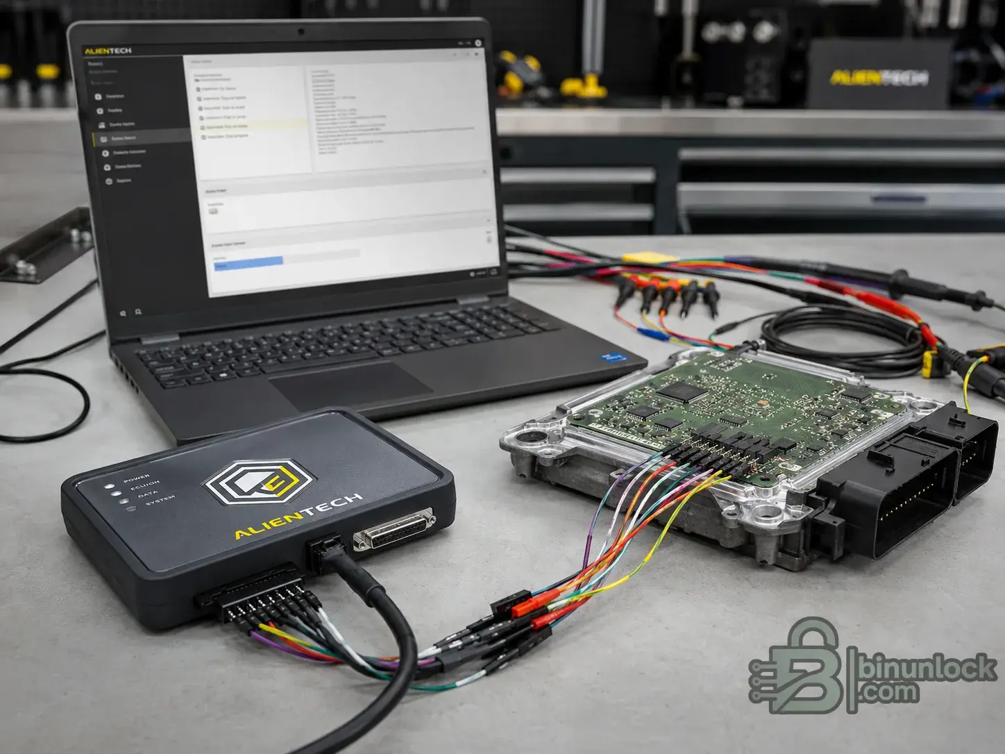 KESS3 bench ECU flashing setup with ECU, wiring harness, laptop and regulated power supply.