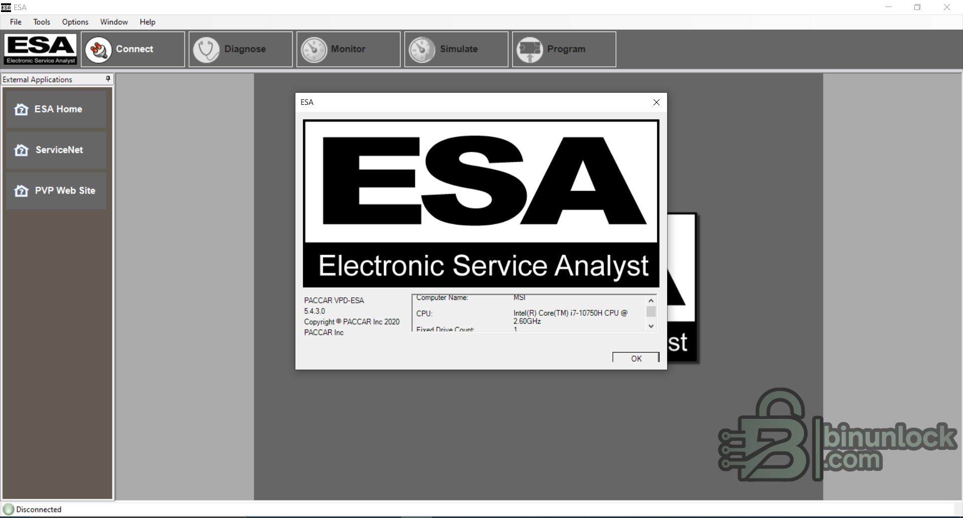 PACCAR ESA v5.4.3 about window inside Electronic Service Analyst interface