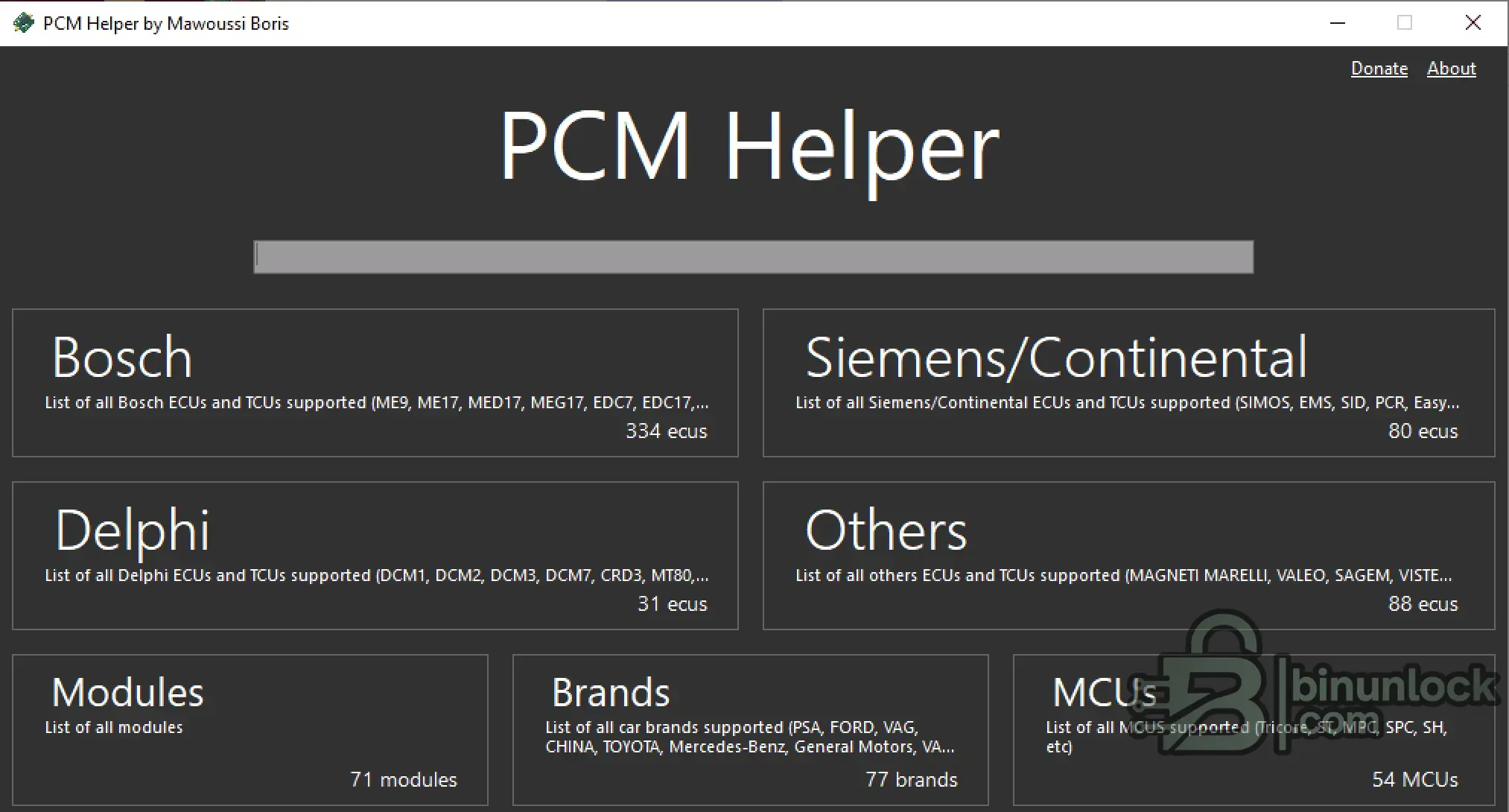 PCM Helper v1.x home showing makers Bosch Siemens Delphi and quick search