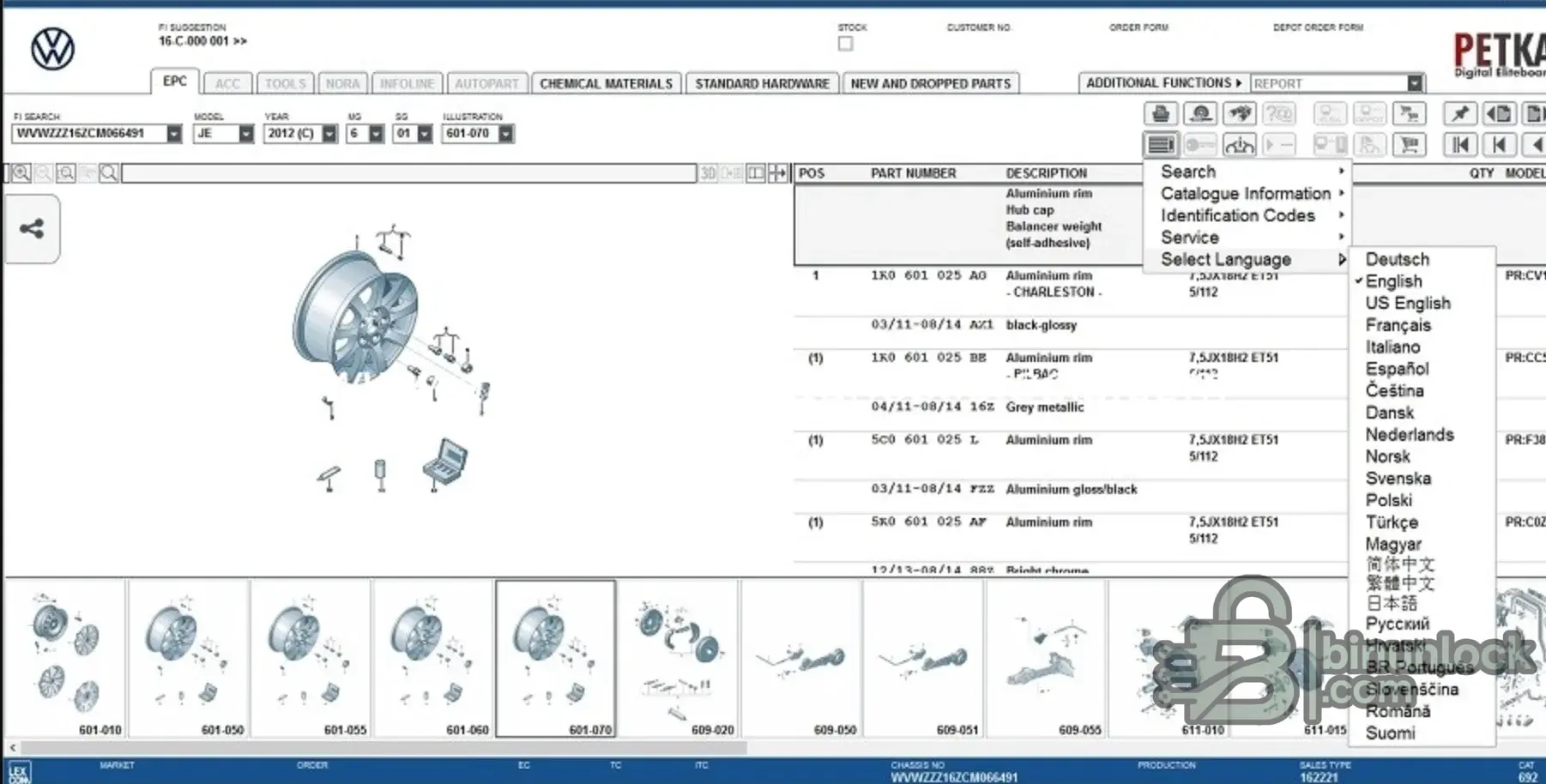 PETKA v8.9 EPC interface showing updated engine block diagram and part numbers