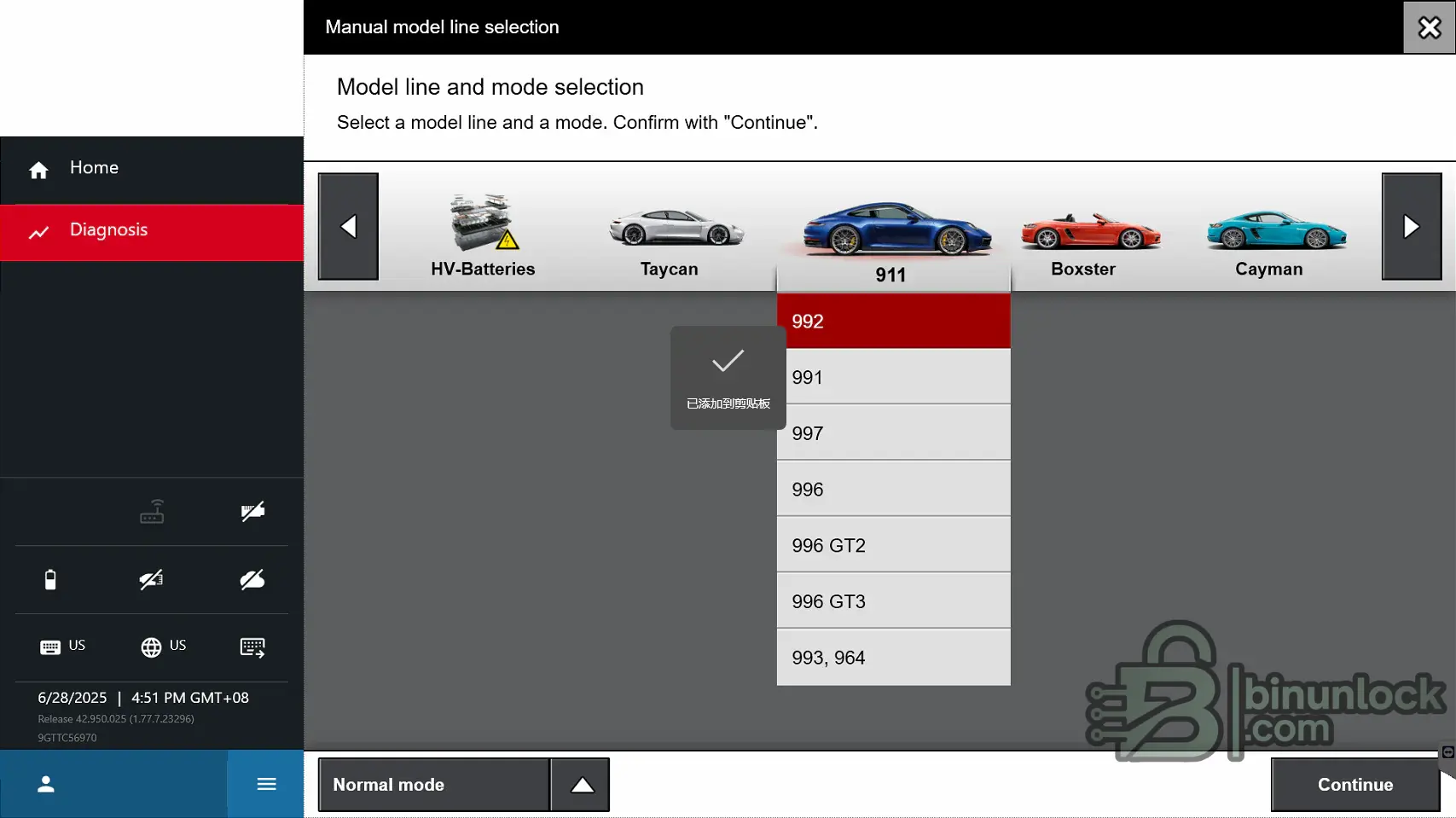 PIWIS v42.950.025 model selection showing 911 992 in normal mode