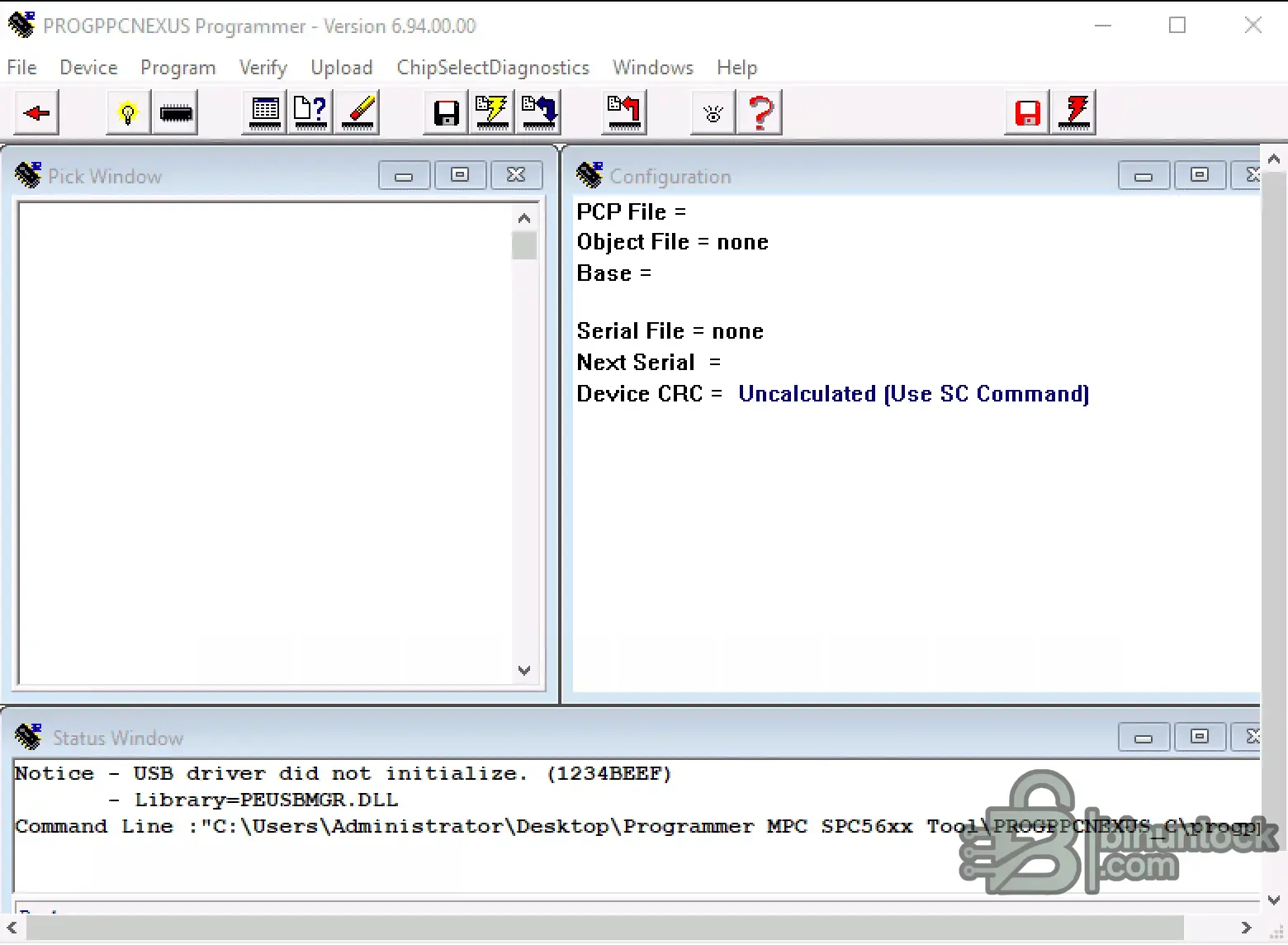 PEmicro PROGPPCNEXUS Programmer 6.94 status screen
