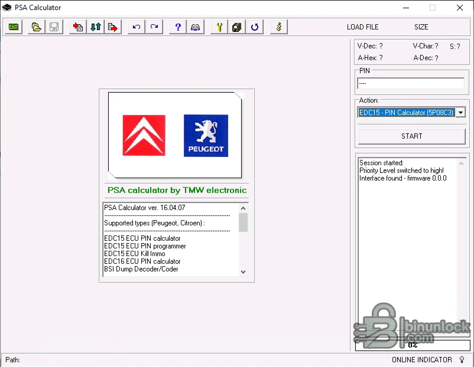 PSA Calculator TMW Electronic interface screenshot