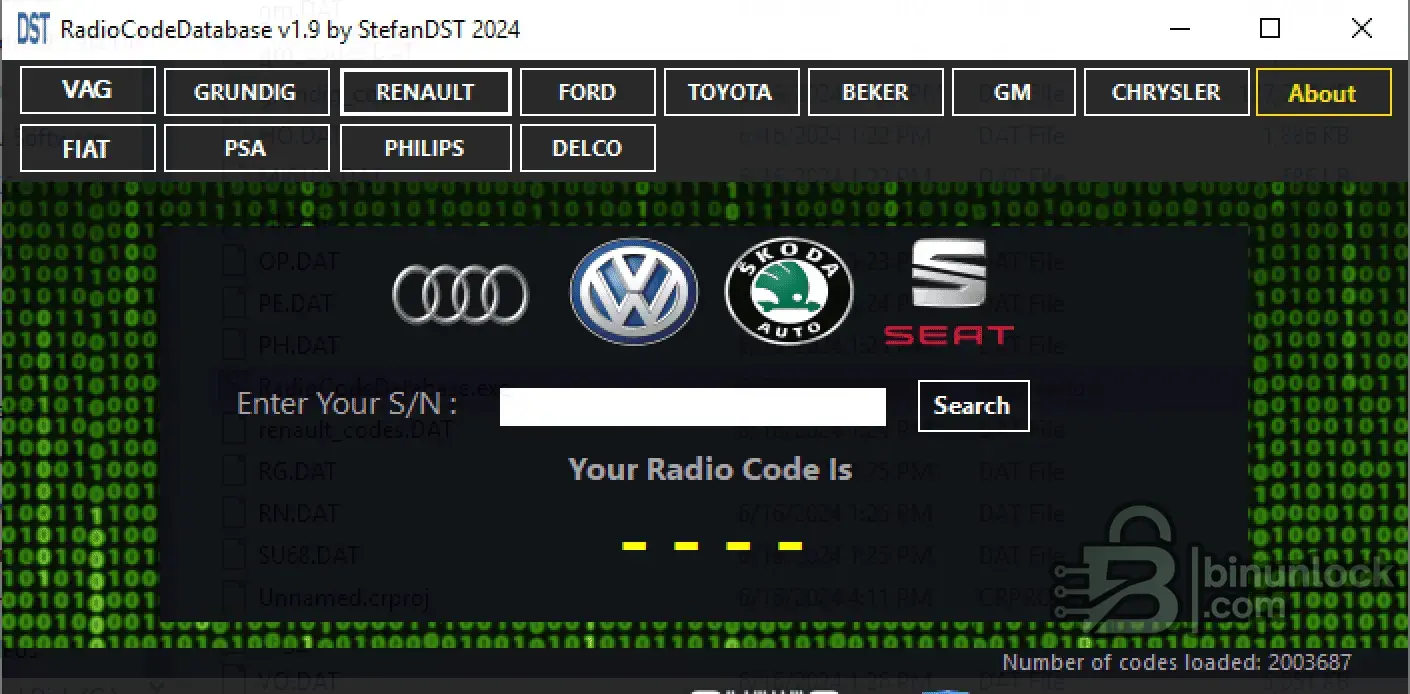 RadioCodeDatabase calculator screen