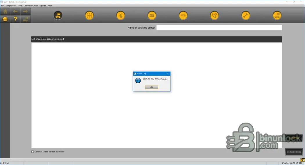 Renault CAN Clip 236 main interface with About dialog showing DVD build