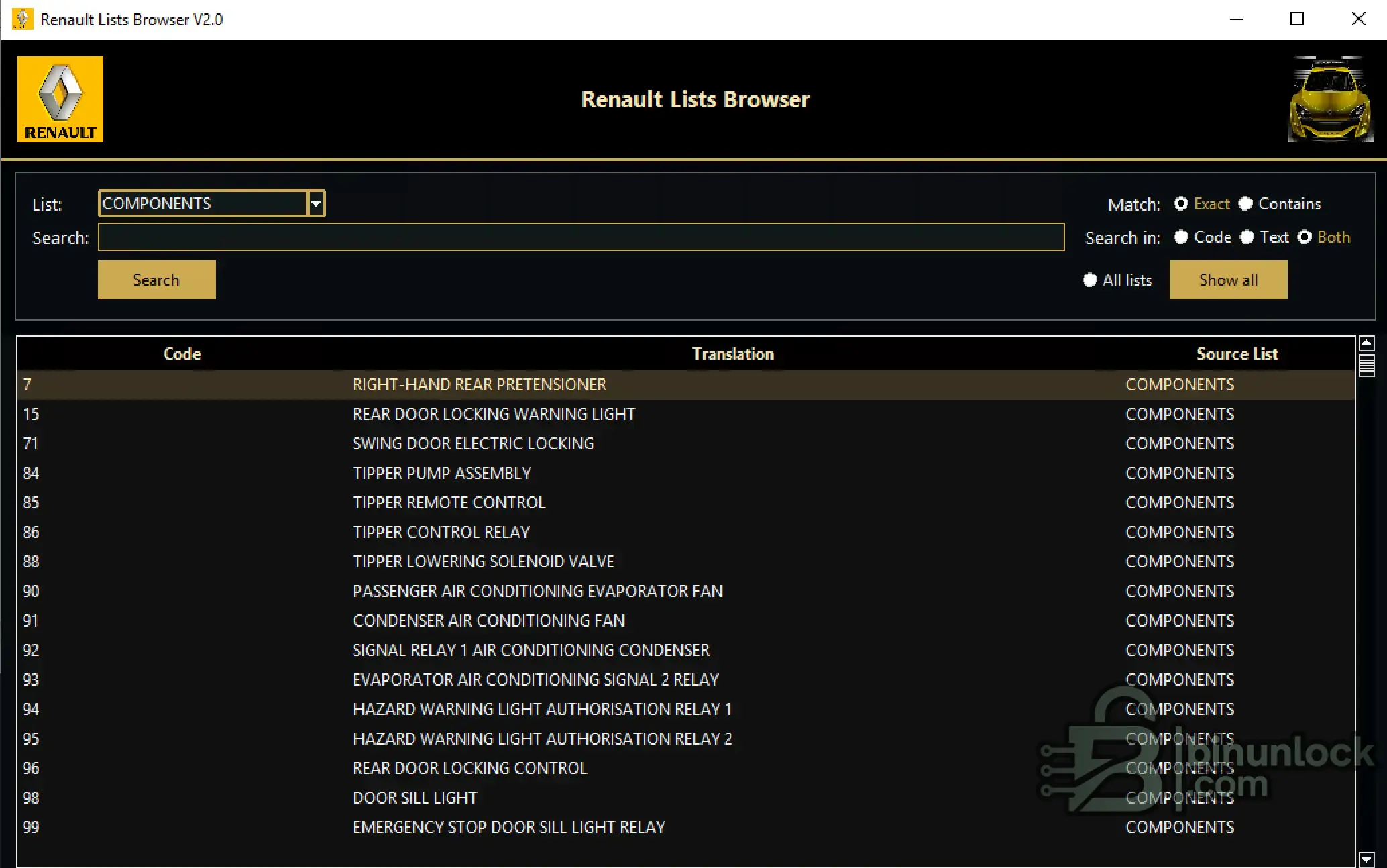 Renault Lists Browser Component Code Lookup workshop screen