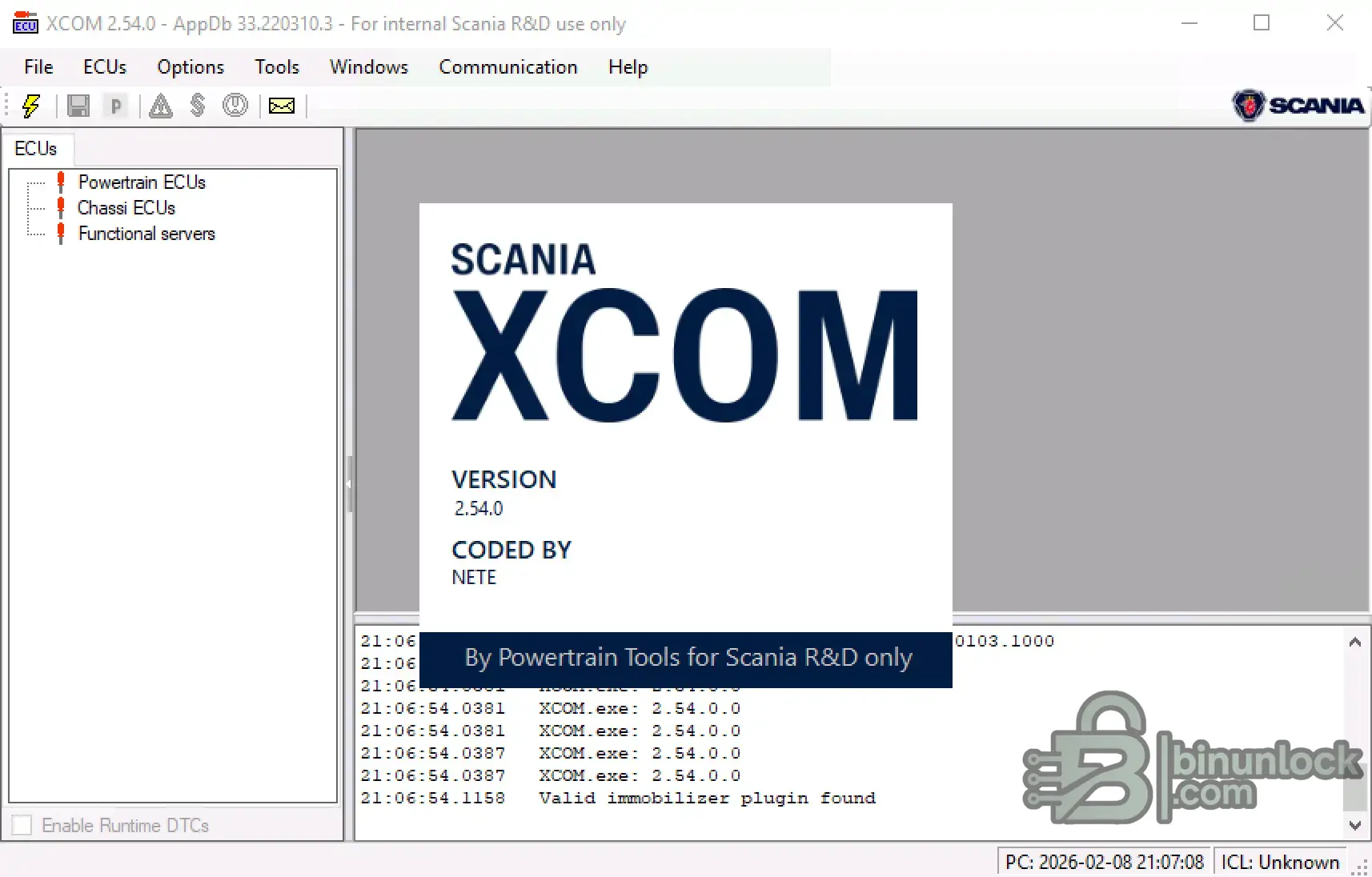 Scania XCOM ECU Engineering Diagnostics Workbench diagnostic screenshot