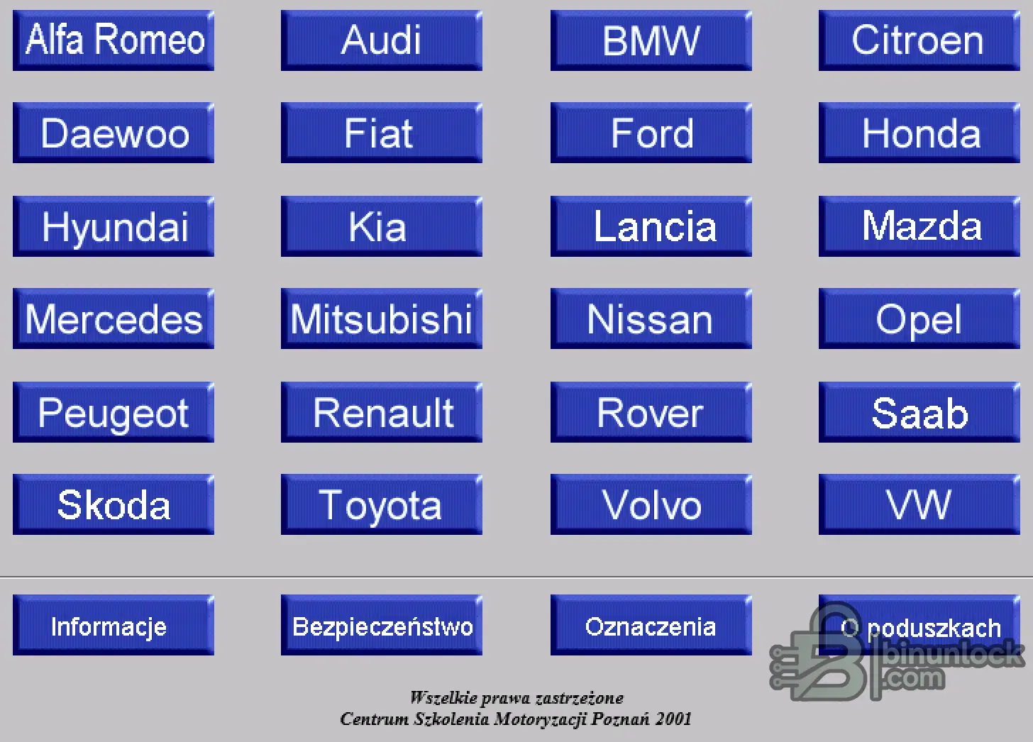 Airbag Blocks Location Training menu screen